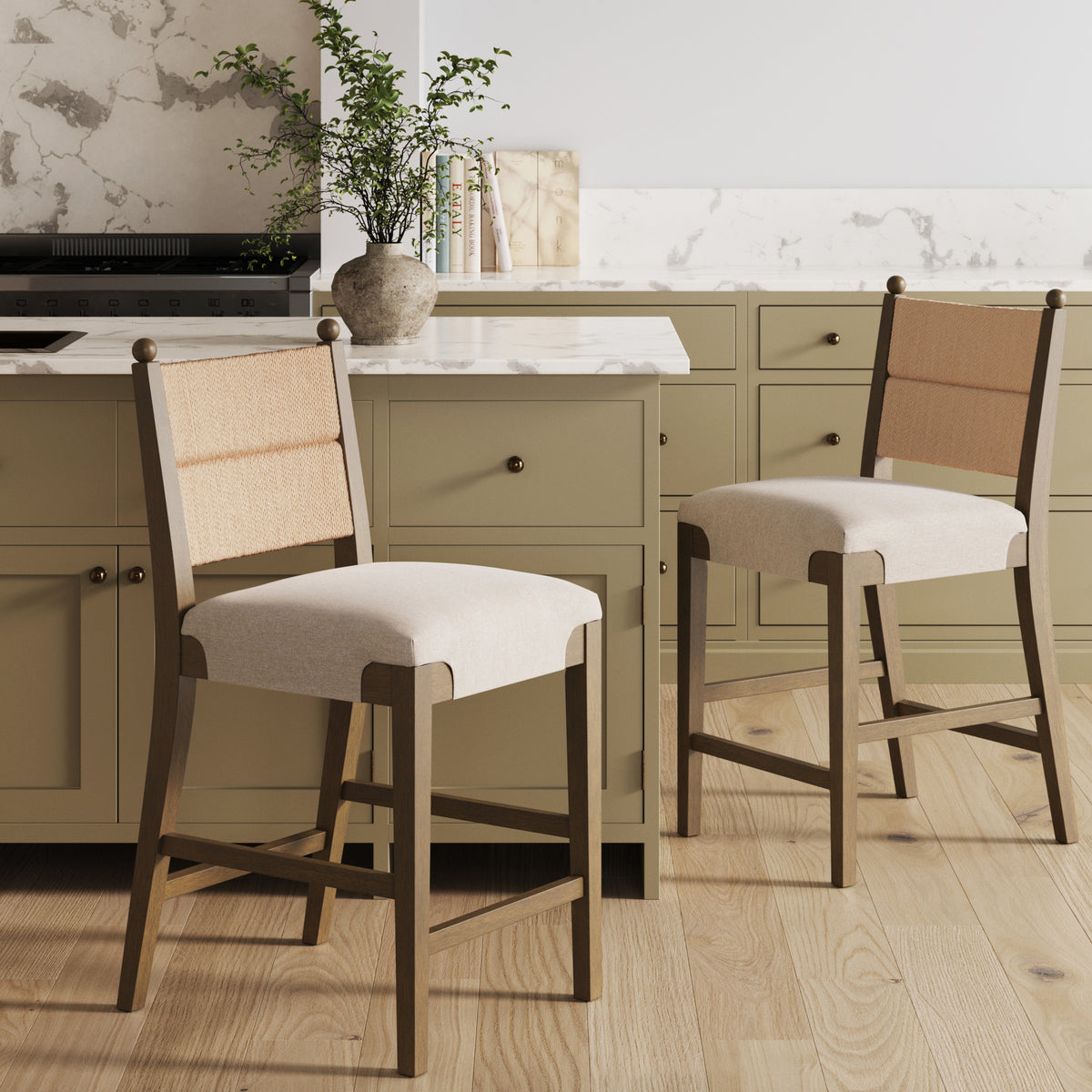 Modern Seagrass Counter Stool Upholstered Dark Brown (Set of 2) - Nathan James