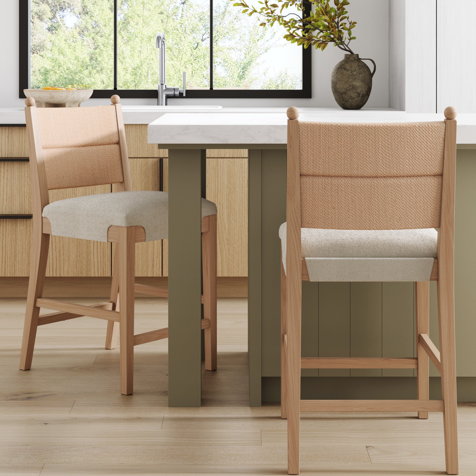 Solid Wood Boucle Counter Stool with Seagrass Back Raw Oak (Set of 2) - Nathan James