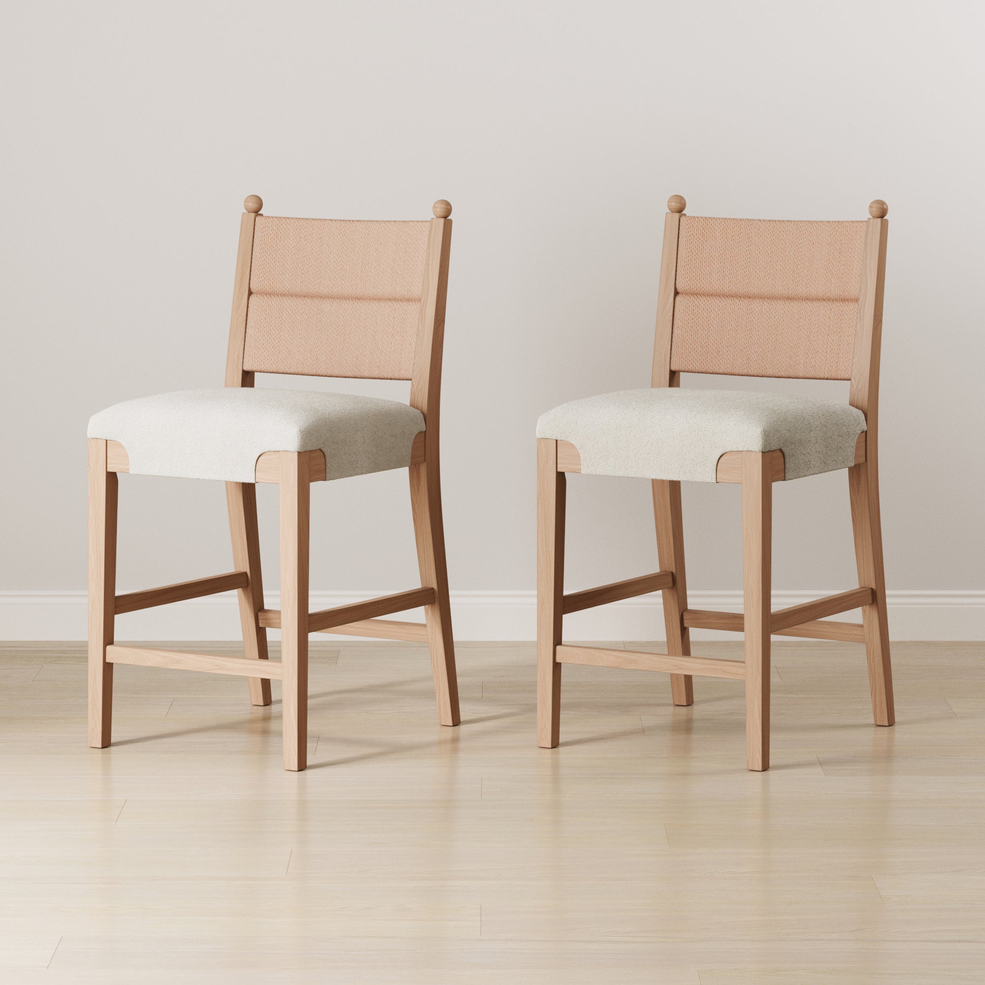Solid Wood Boucle Counter Stool with Seagrass Back Raw Oak (Set of 2) - Nathan James