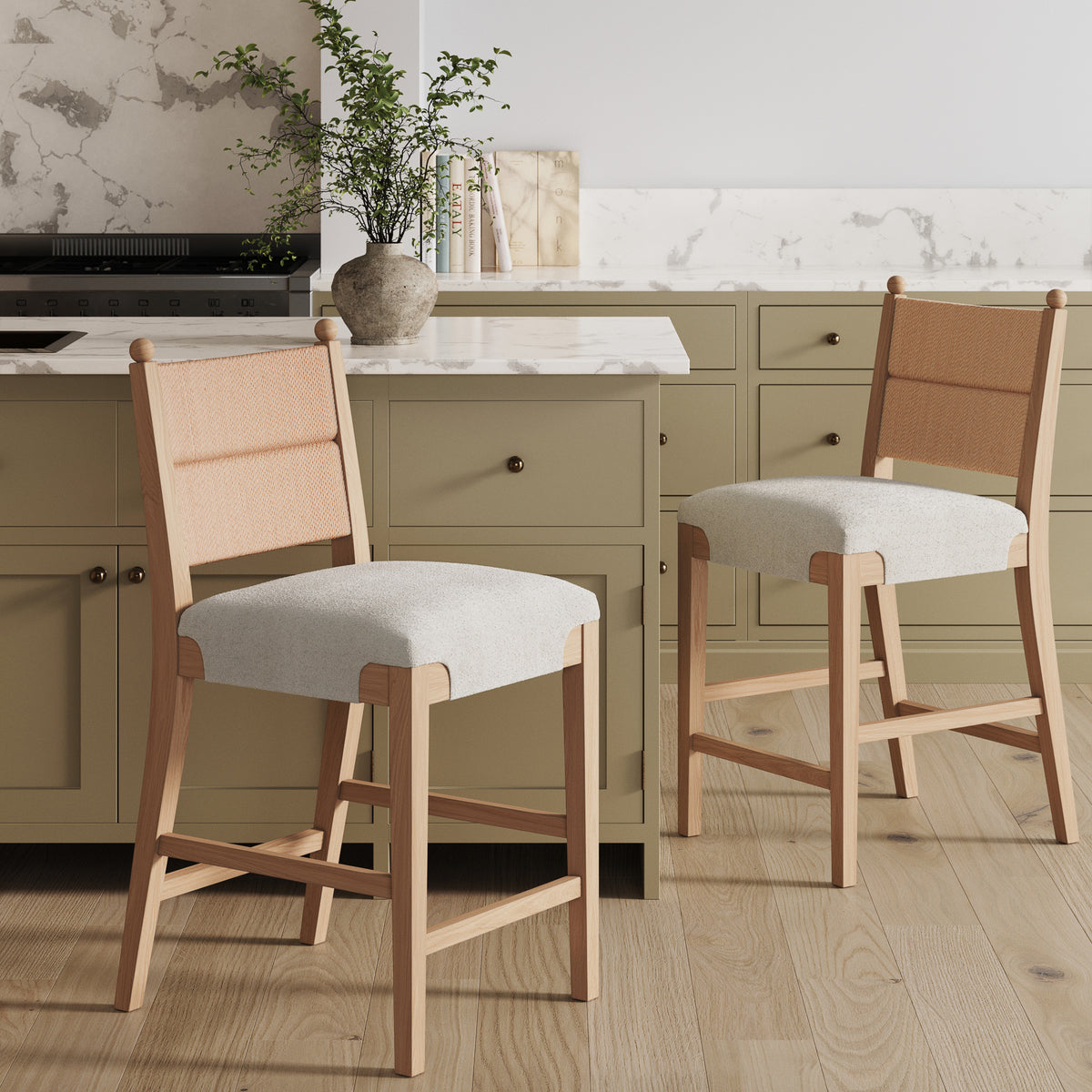 Solid Wood Boucle Counter Stool with Seagrass Back Raw Oak (Set of 2) - Nathan James