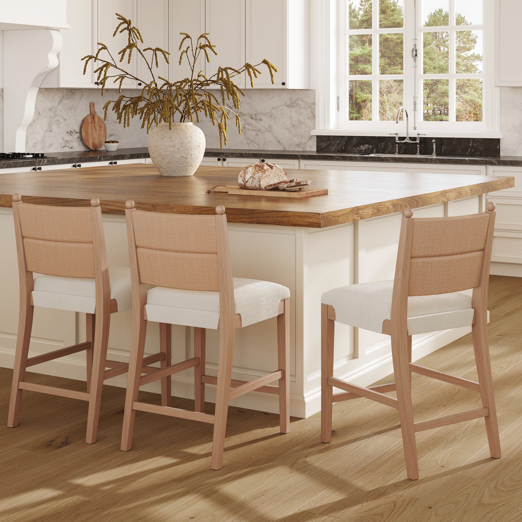 Solid Wood Boucle Counter Stool with Seagrass Back Raw Oak (Set of 3) - Nathan James