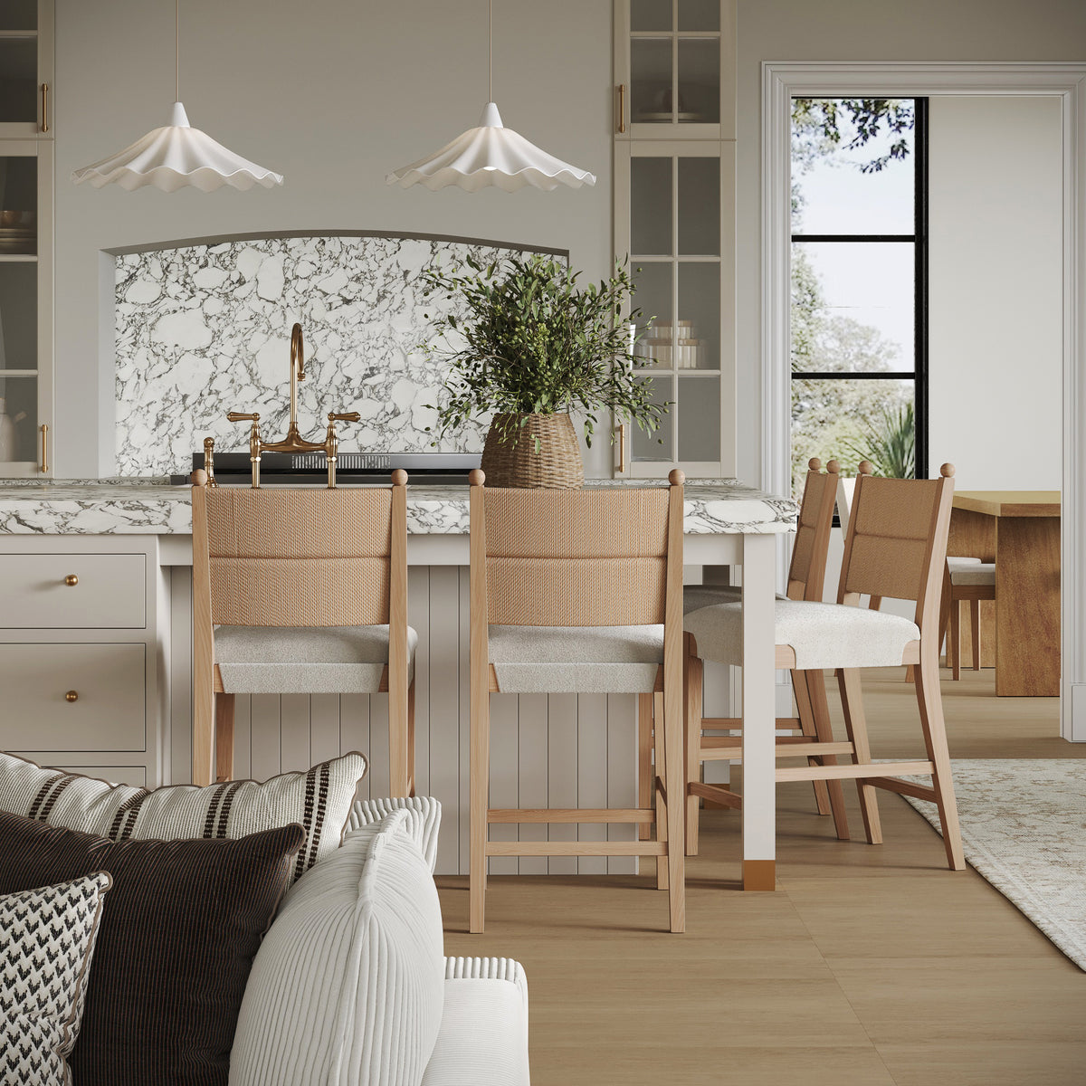 Solid Wood Boucle Counter Stool with Seagrass Back Raw Oak (Set of 4) - Nathan James