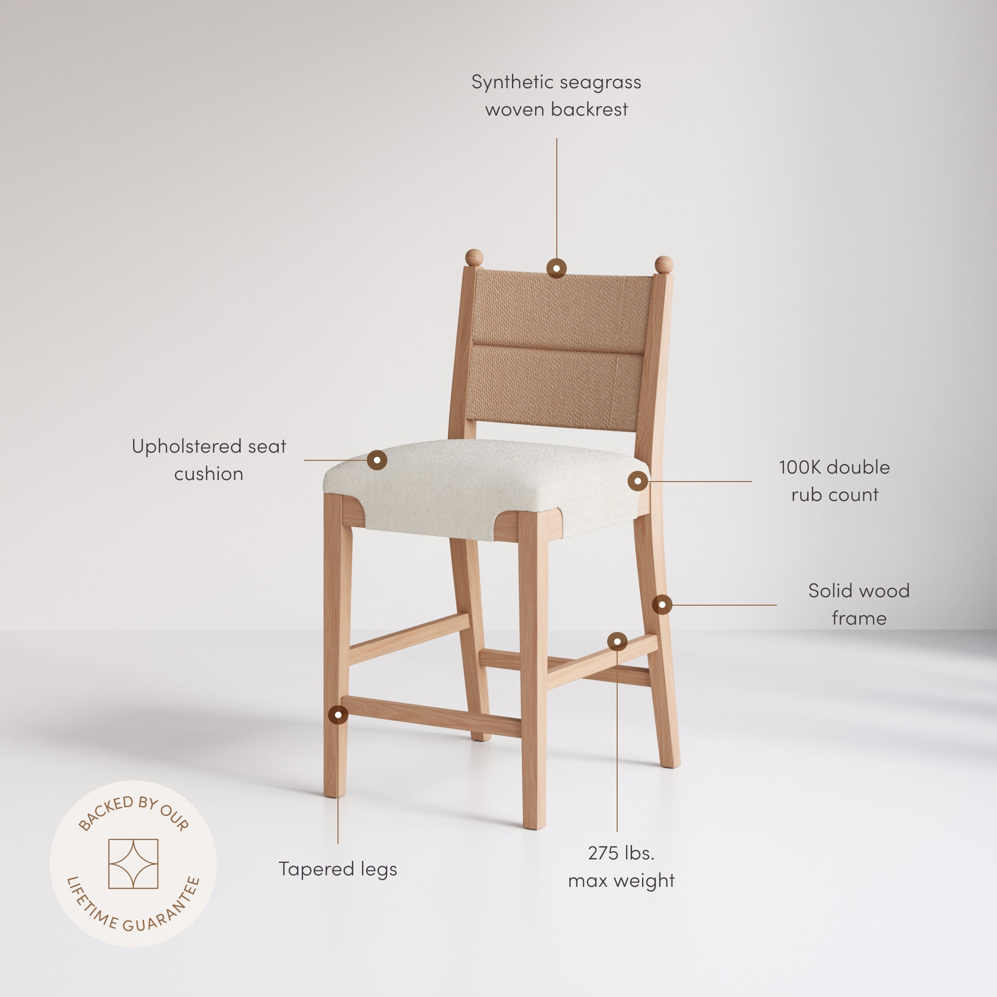 Solid Wood Boucle Counter Stool with Seagrass Back Raw Oak (Set of 4) - Nathan James