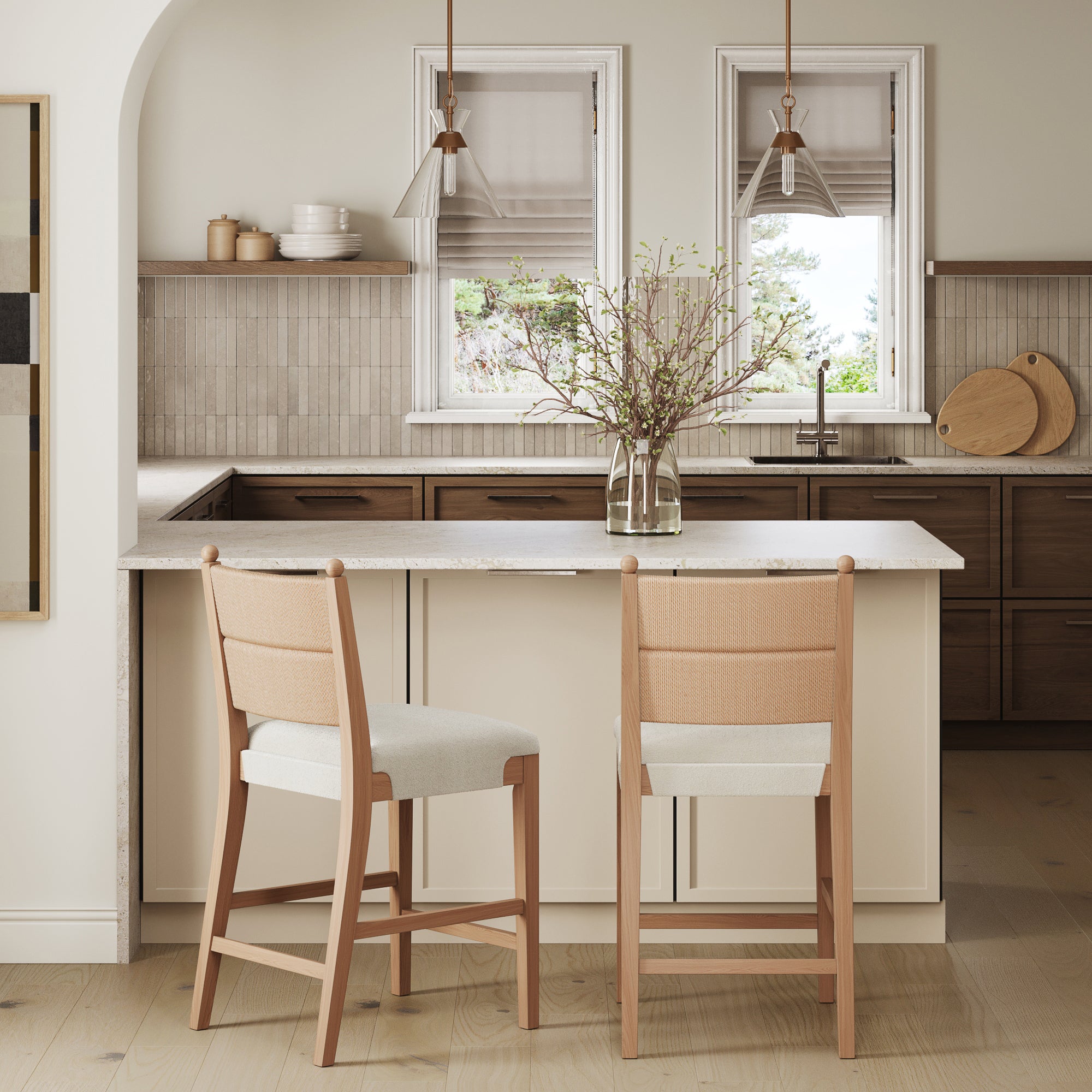 Solid Wood Boucle Counter Stool with Seagrass Back Raw Oak - Nathan James