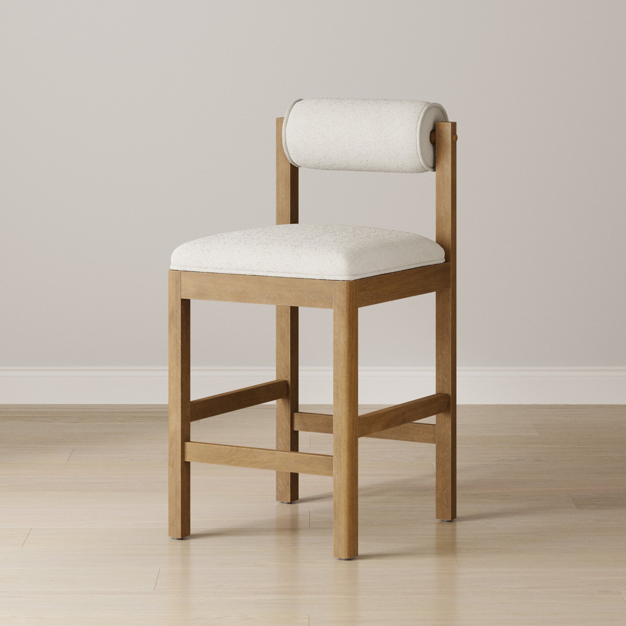 Modern Wood & Boucle Bar Stool with Bolster Back Cream/Light Brown - Nathan James