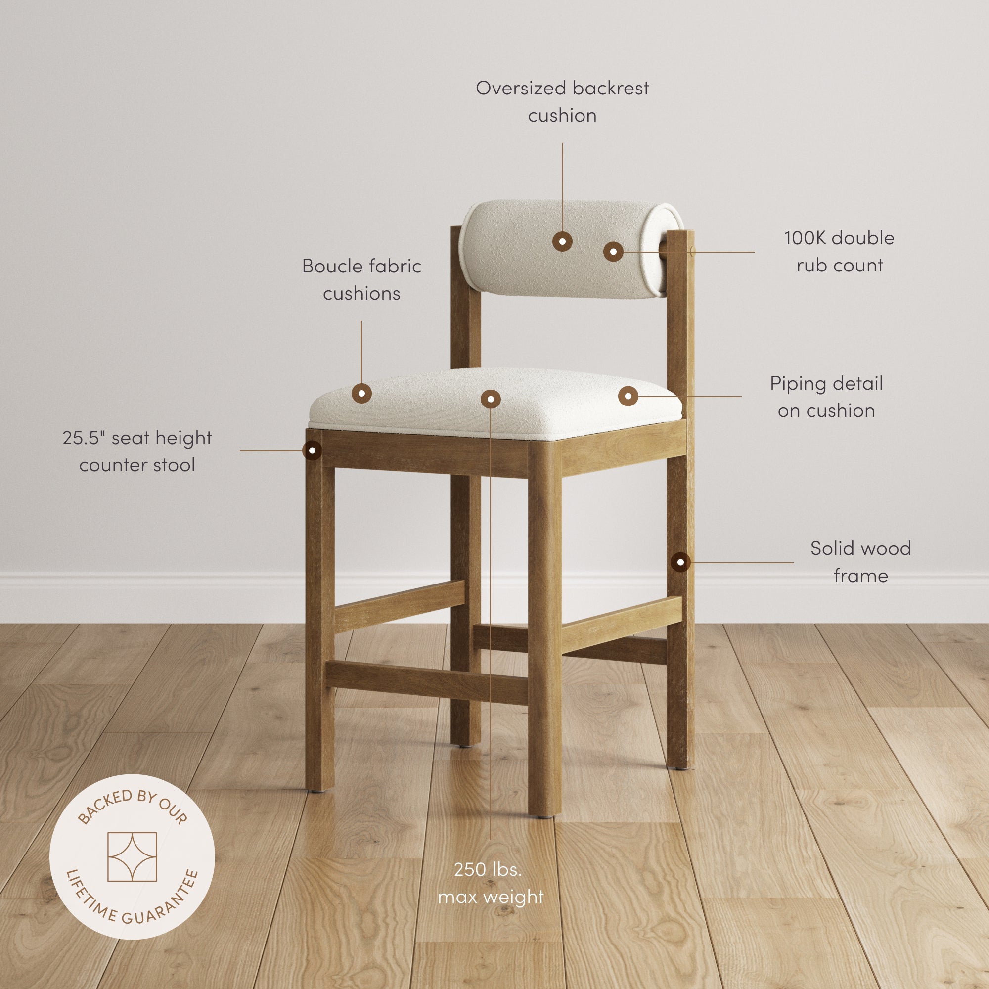 Modern Wood & Boucle Bar Stool with Bolster Back Cream/Light Brown (Set of 4) - Nathan James