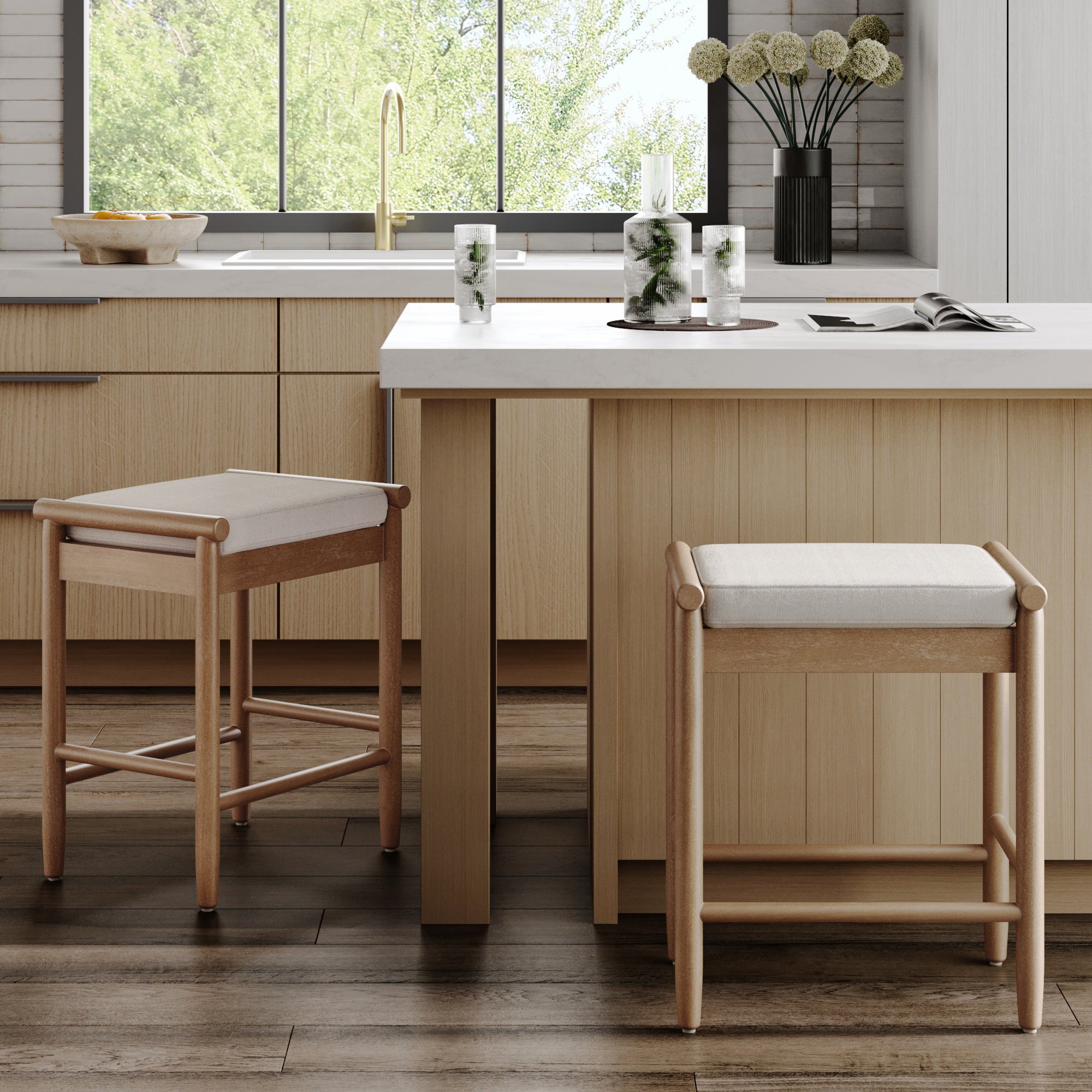 Backless Wooden Bar Stool with Boucle Upholstery Light Brown (Set of 2) - Nathan James