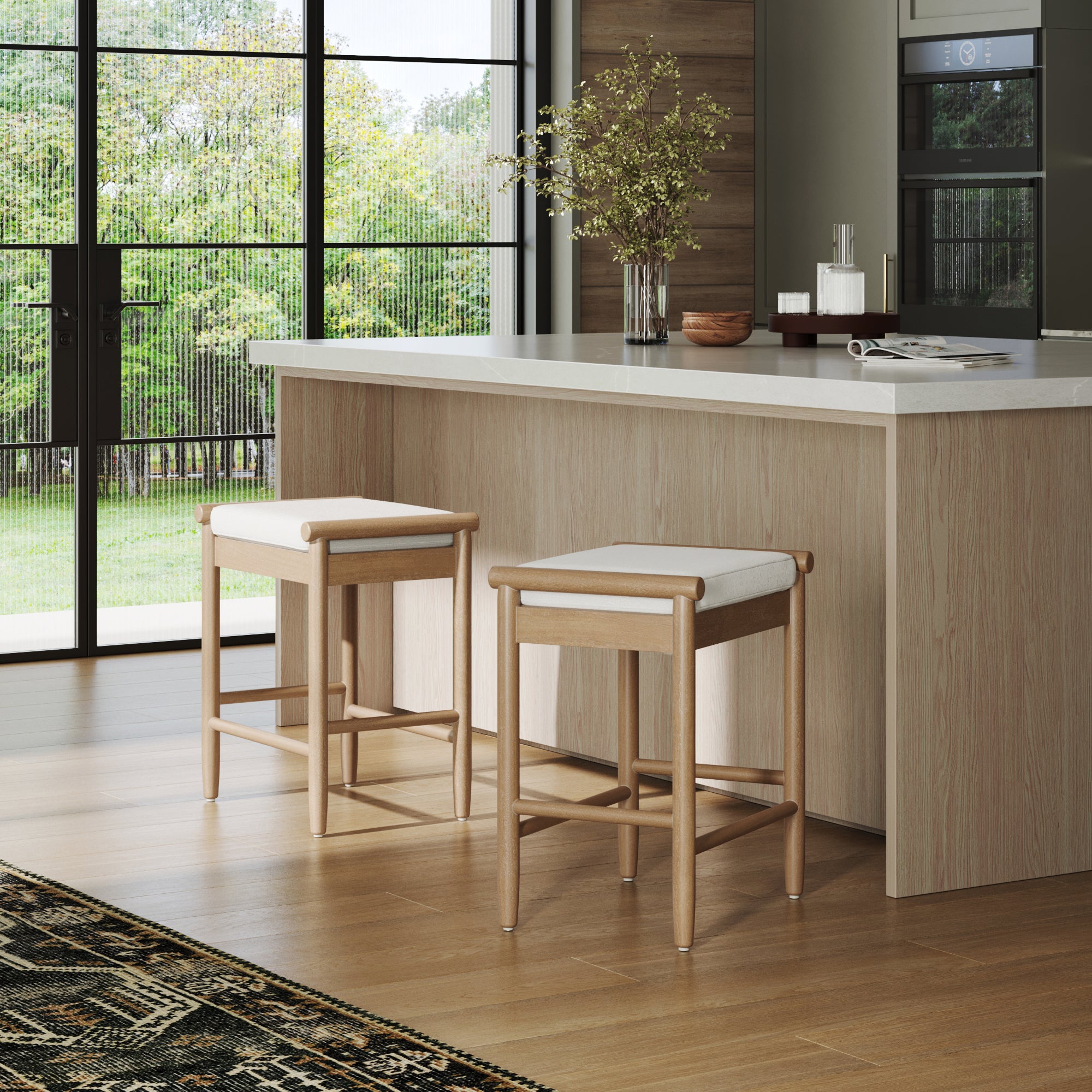 Backless Wooden Bar Stool with Boucle Upholstery Light Brown - Nathan James