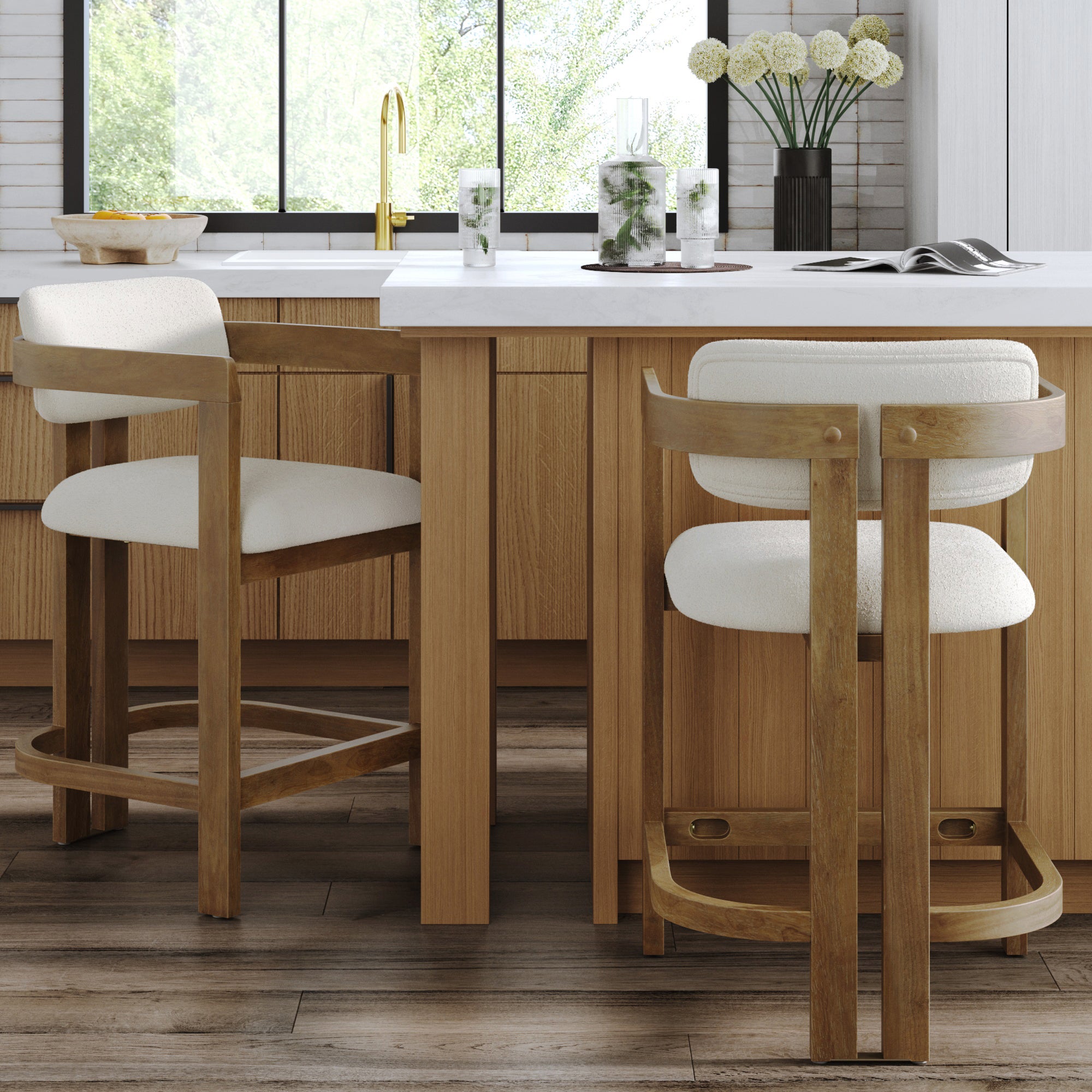 Boucle Bar Stool with Barrel Back and Arm Light Brown (Set of 2) - Nathan James