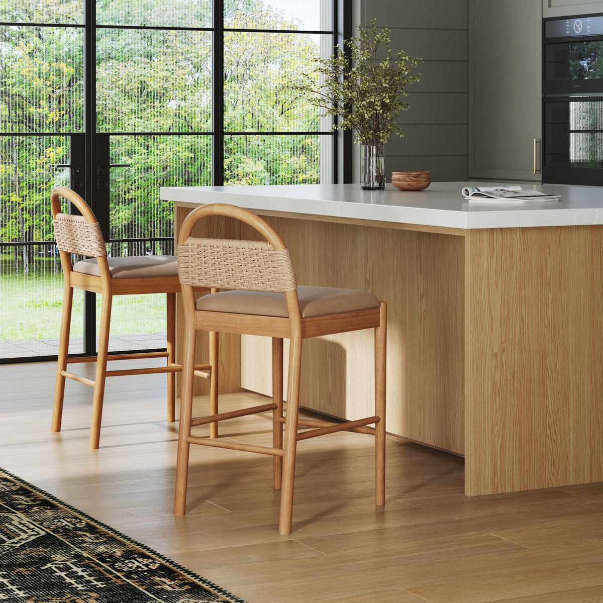 Modern Wood Seagrass & Faux Leather Counter Stool Brown (Set of 2) - Nathan James