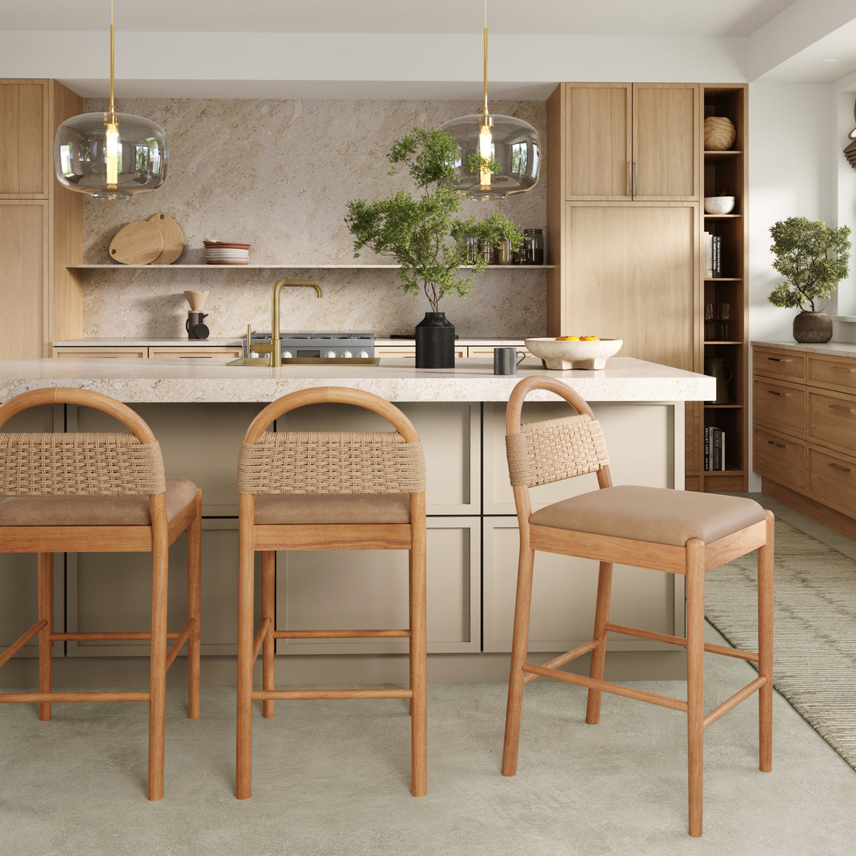 Modern Wood Seagrass & Faux Leather Counter Stool Brown (Set of 3) - Nathan James