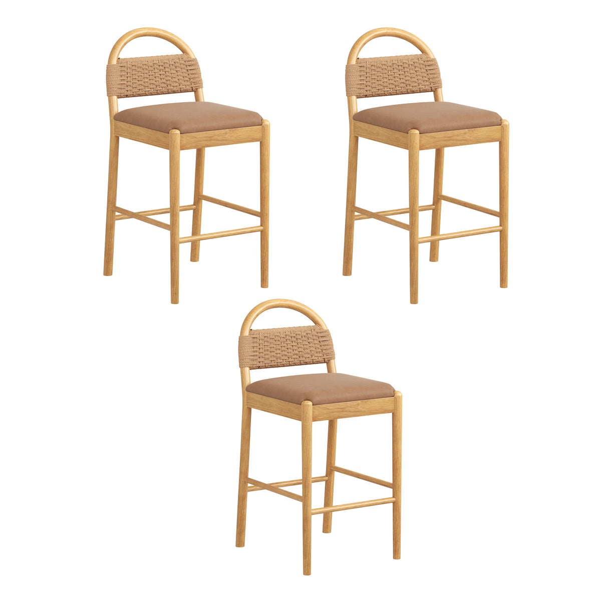 Modern Wood Seagrass & Faux Leather Counter Stool Brown (Set of 3) - Nathan James