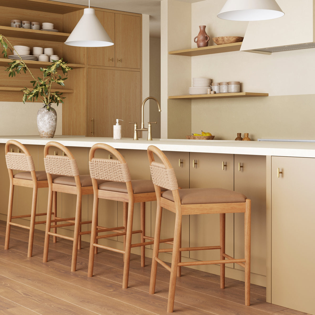 Modern Wood Seagrass & Faux Leather Counter Stool Brown (Set of 4) - Nathan James