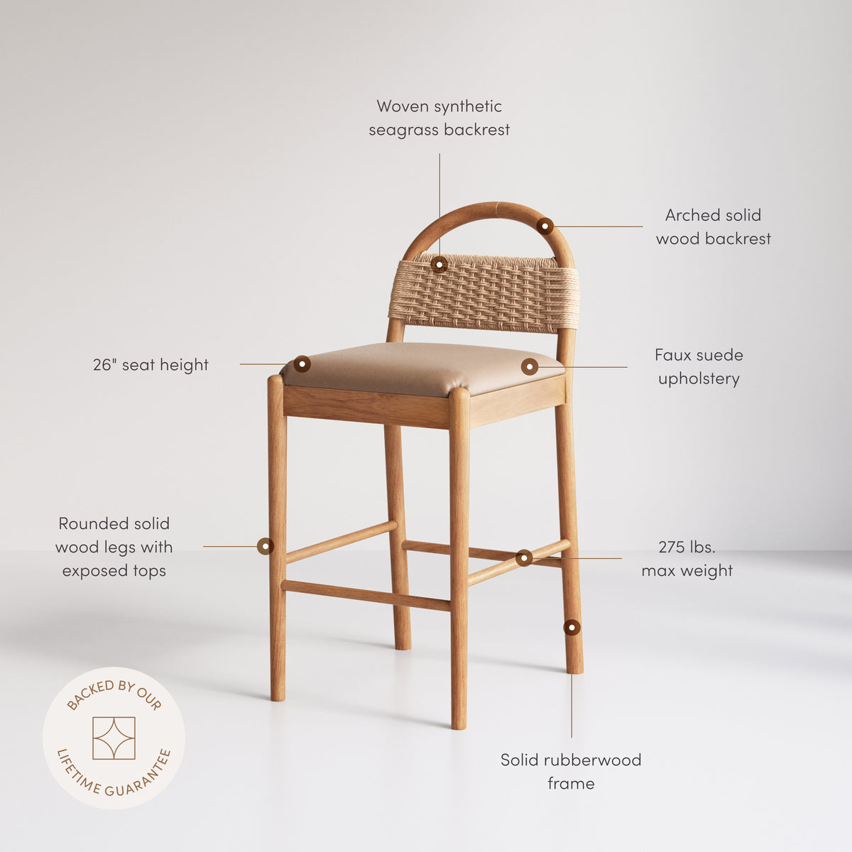 Modern Wood Seagrass & Faux Leather Counter Stool Brown (Set of 4) - Nathan James
