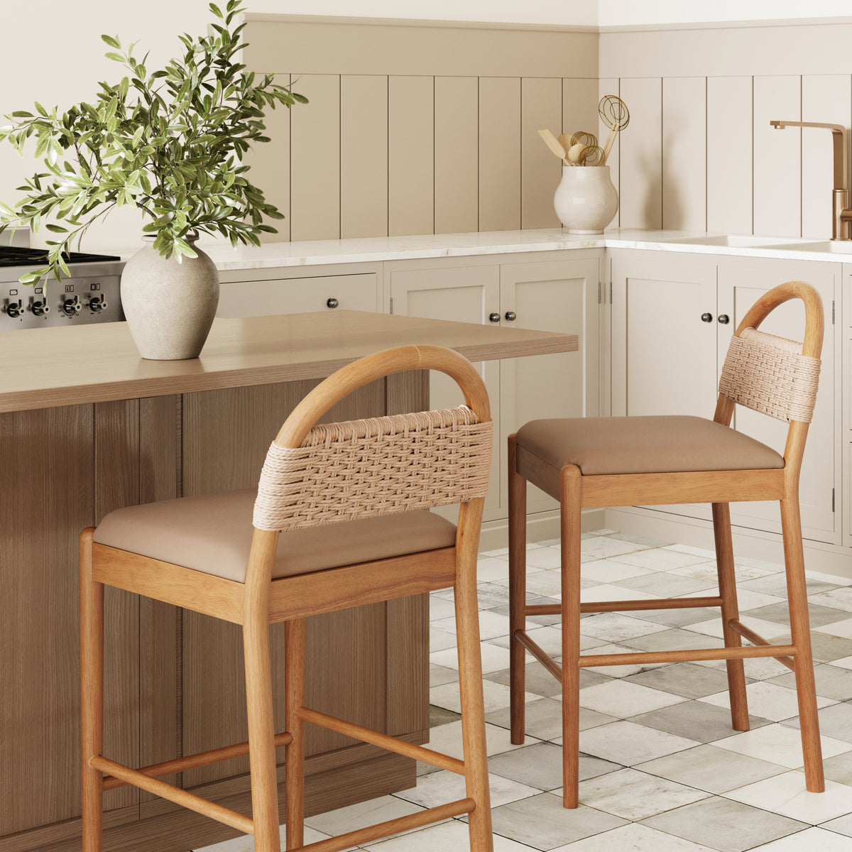 Modern Wood Seagrass & Faux Leather Counter Stool Brown - Nathan James