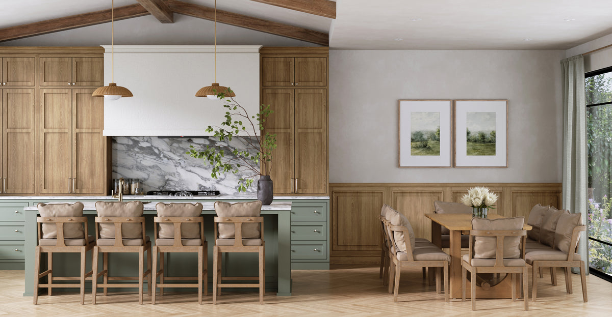 A modern kitchen with sage green cabinets, wood paneling, a marble backsplash, and an island with four high-backed stools, adjacent to a dining area with a wooden table and cushioned chairs.