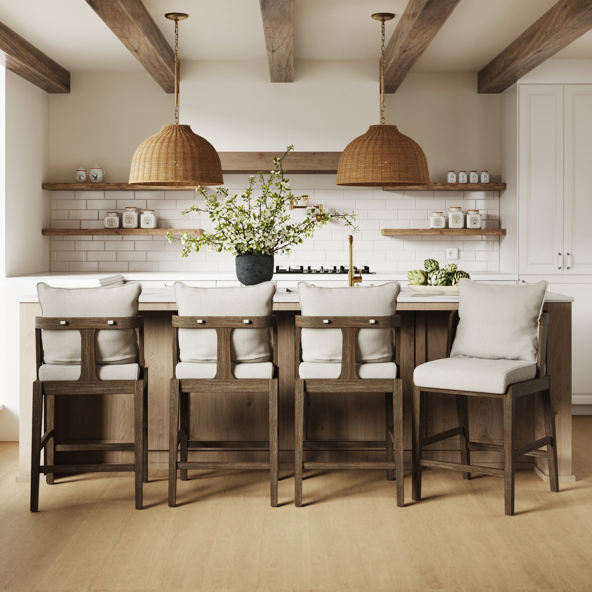 Scandinavian Boucle Counter Stool with Back Cream (Set of 4) - Nathan James