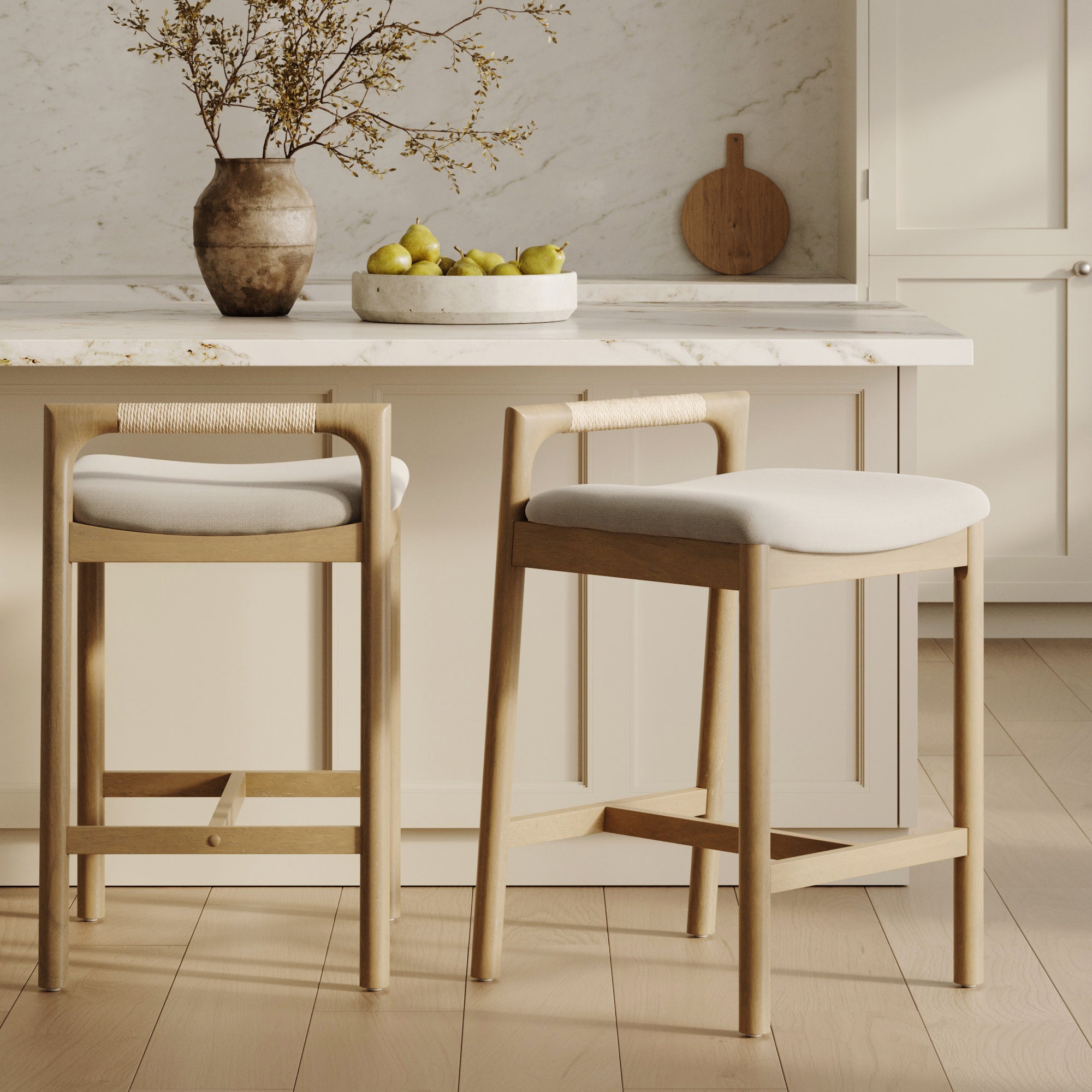 Modern Wooden Upholstered Low Back Counter Stool Light Brown (Set of 2) - Nathan James
