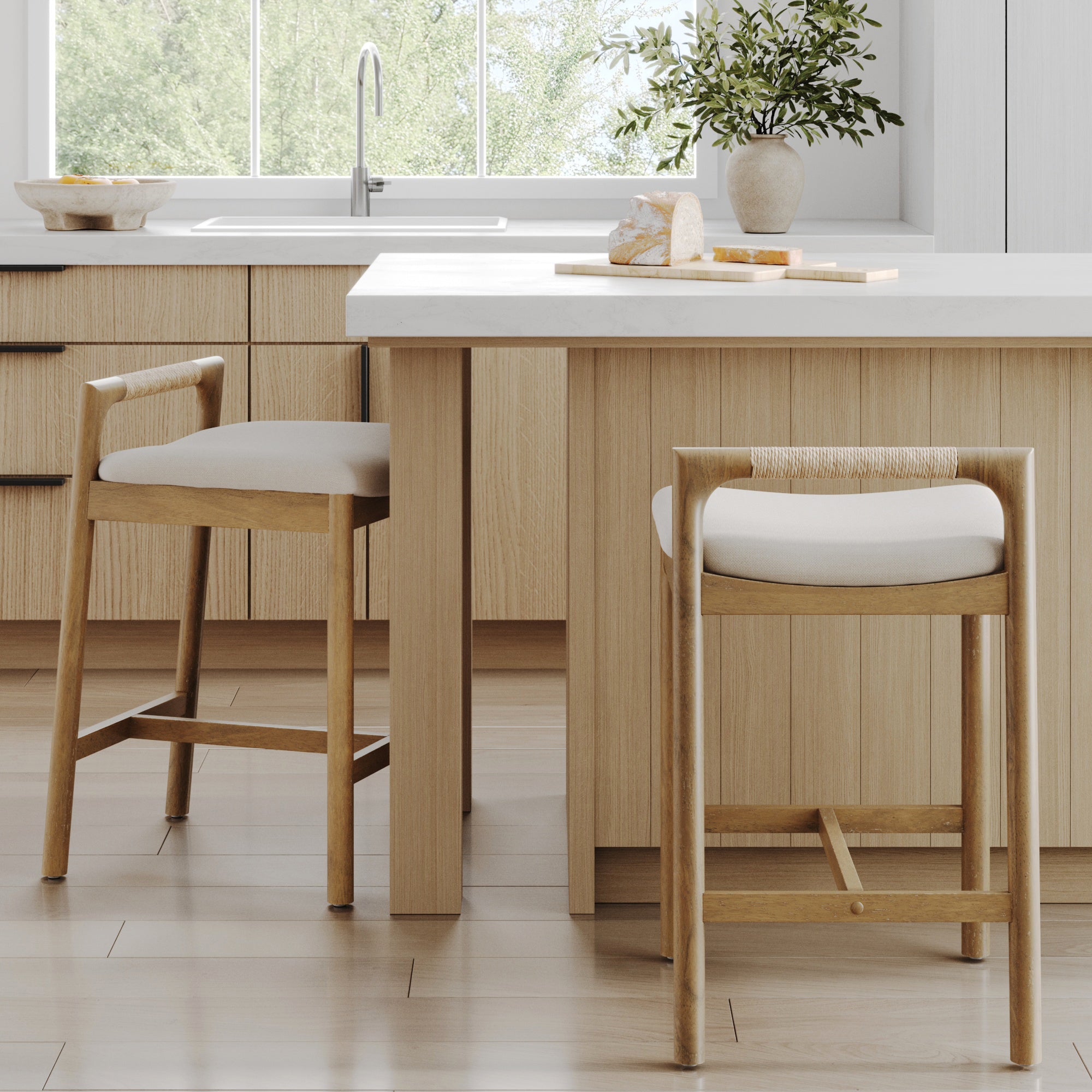 Modern Wooden Upholstered Low Back Counter Stool Light Brown - Nathan James