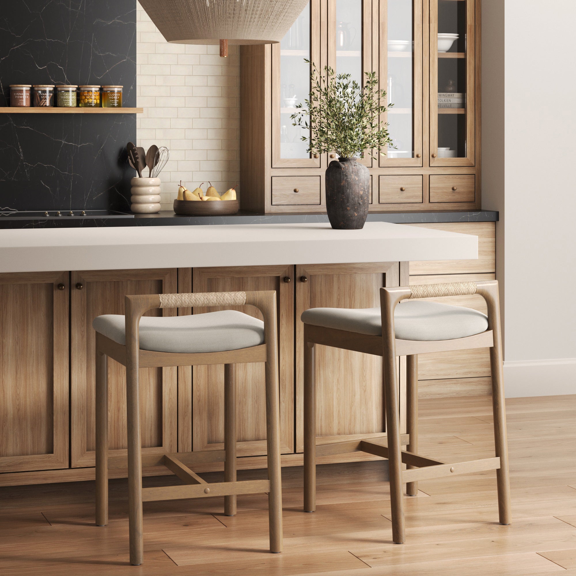 Modern Wooden Upholstered Low Back Counter Stool Light Brown - Nathan James