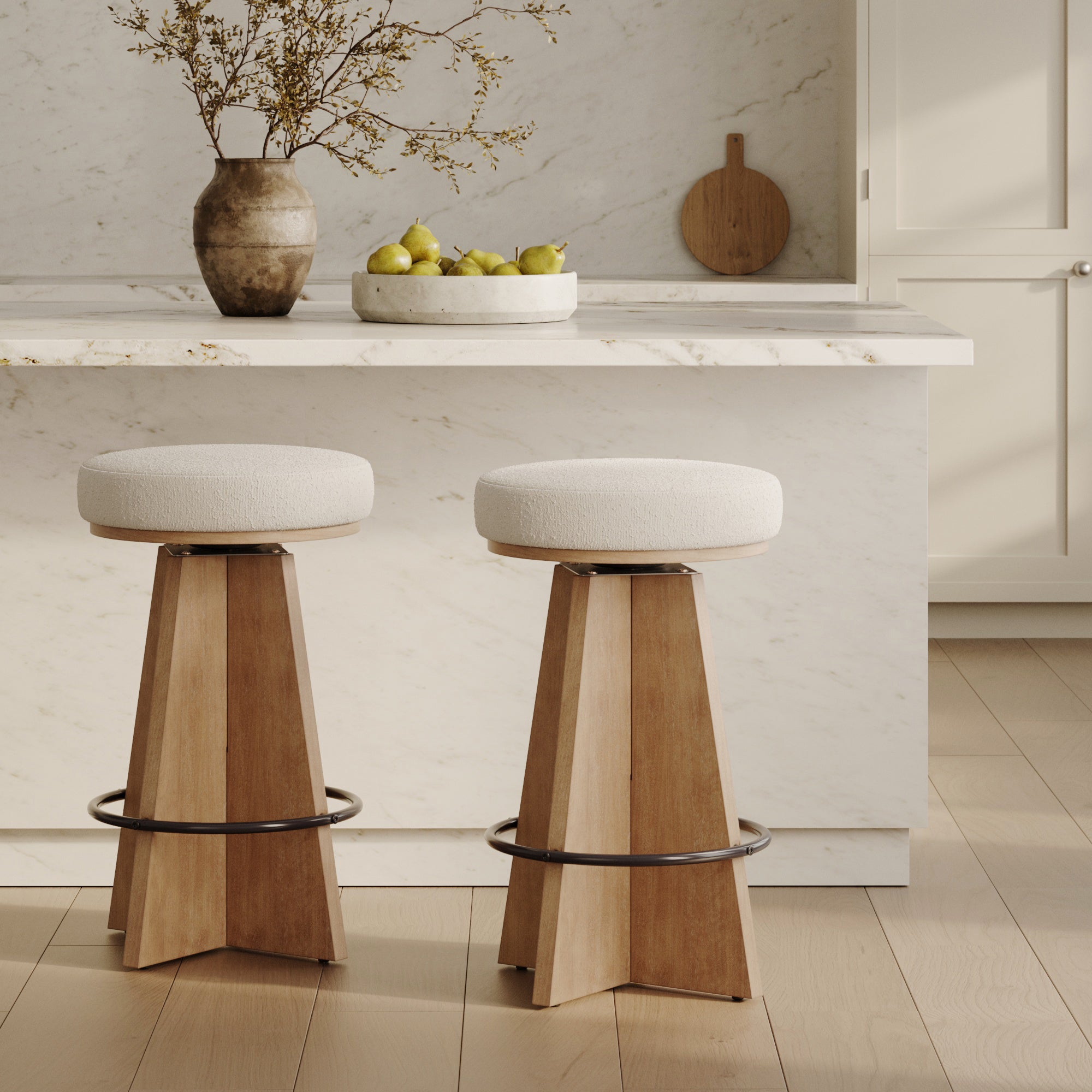 Modern Backless Swivel Boucle Counter Stool with Pedestal Legs (Set of 2) - Nathan James