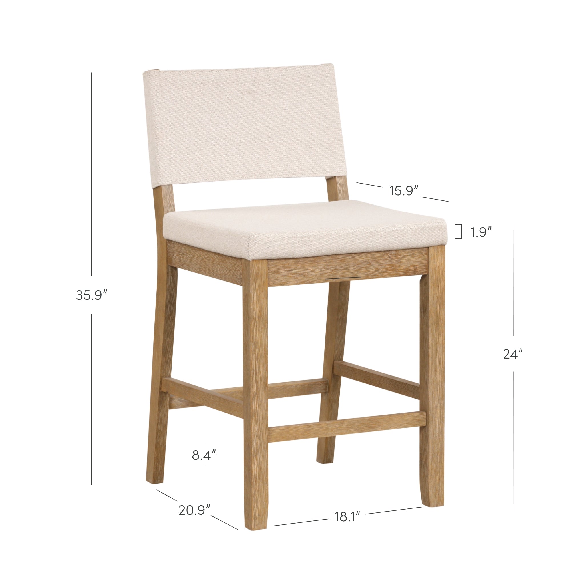 A wooden counter-height chair with light beige upholstered seat and backrest. Dimensions shown: height 35.9, seat height 24, seat width 18.1, seat depth 15.9, seat thickness 1.9, leg height 8.4, overall depth 20.9.