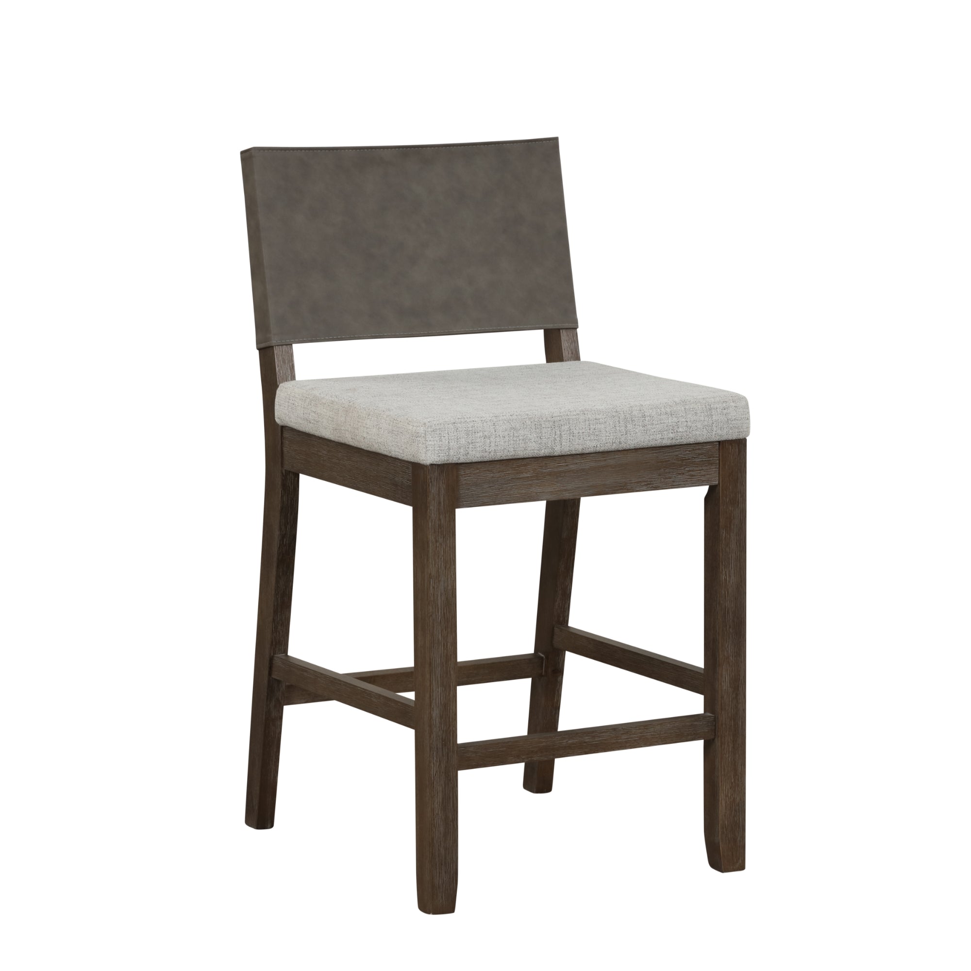 A modern wooden chair with a padded, light gray seat and a dark, angled backrest. The chair features a simple, minimalist design with straight legs and supportive lower crossbars.