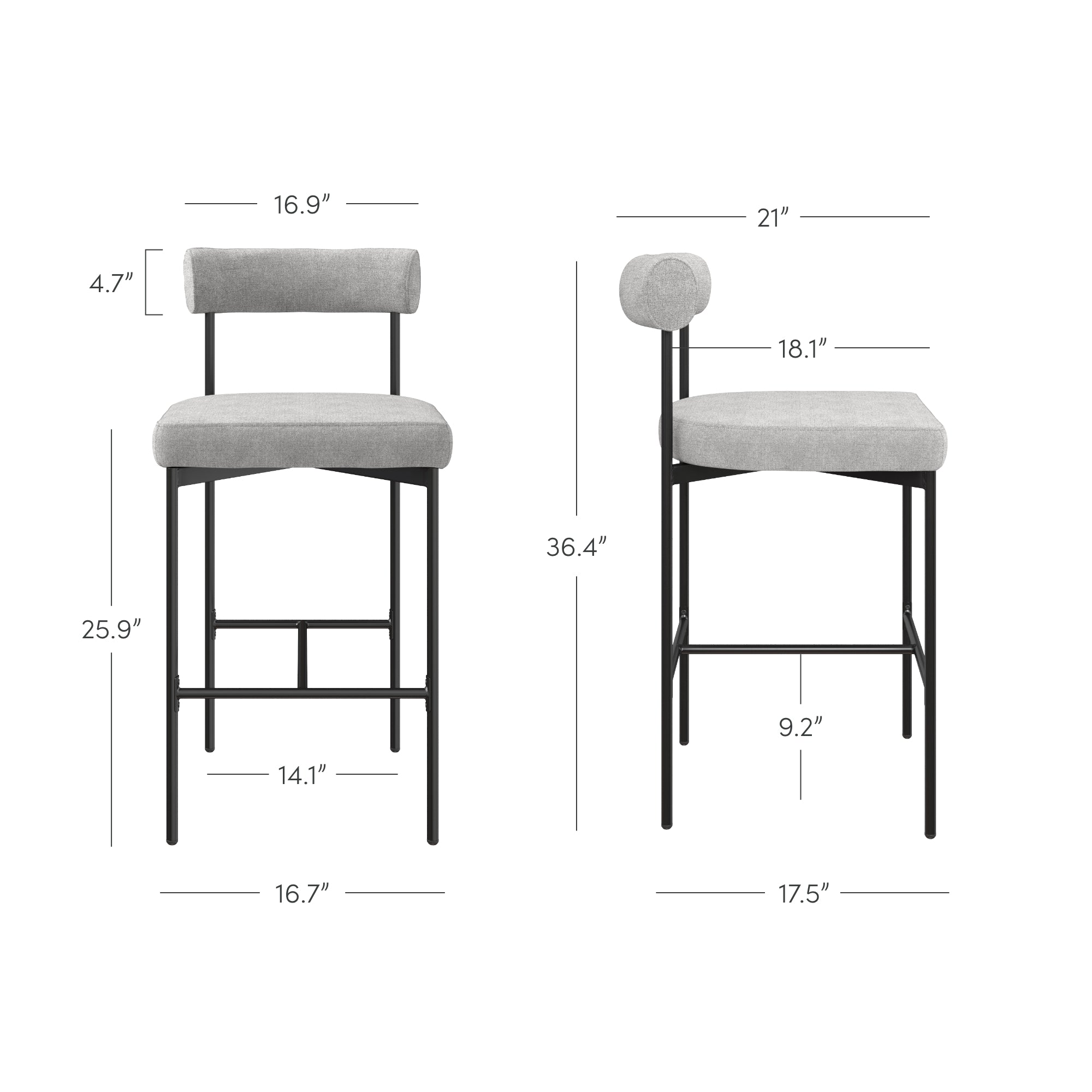 A modern barstool with a cushioned gray seat and backrest, black metal legs, and detailed measurements indicated for height, width, and depth from both front and side views.