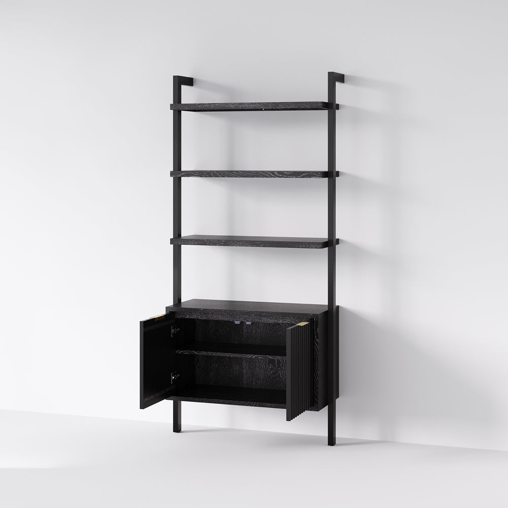 Black wall-mounted shelving unit with four open shelves above a storage cabinet with two doors left open.