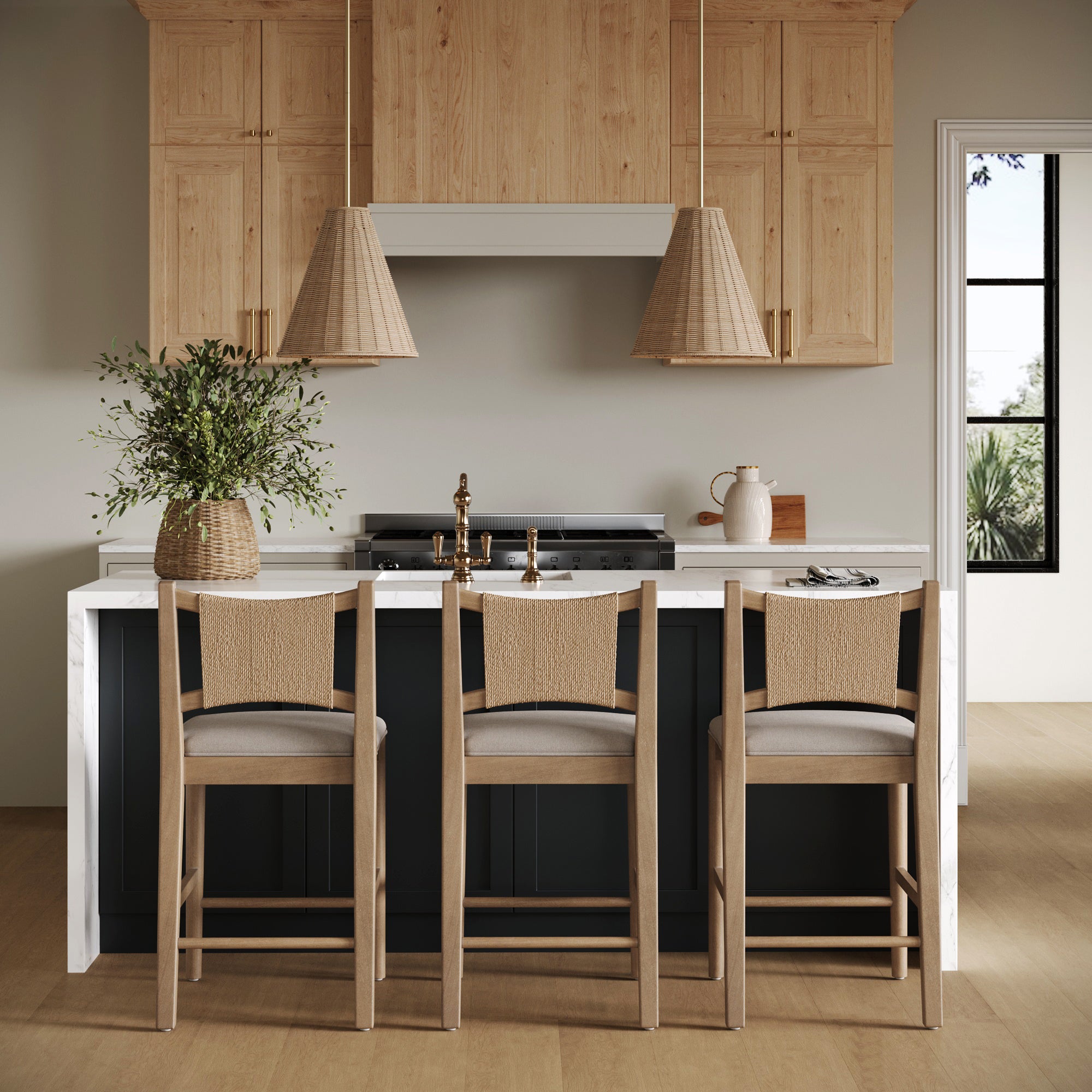 Seagrass Back Arched Footrest Counter Height Bar Stool (Set of 3) - Nathan James