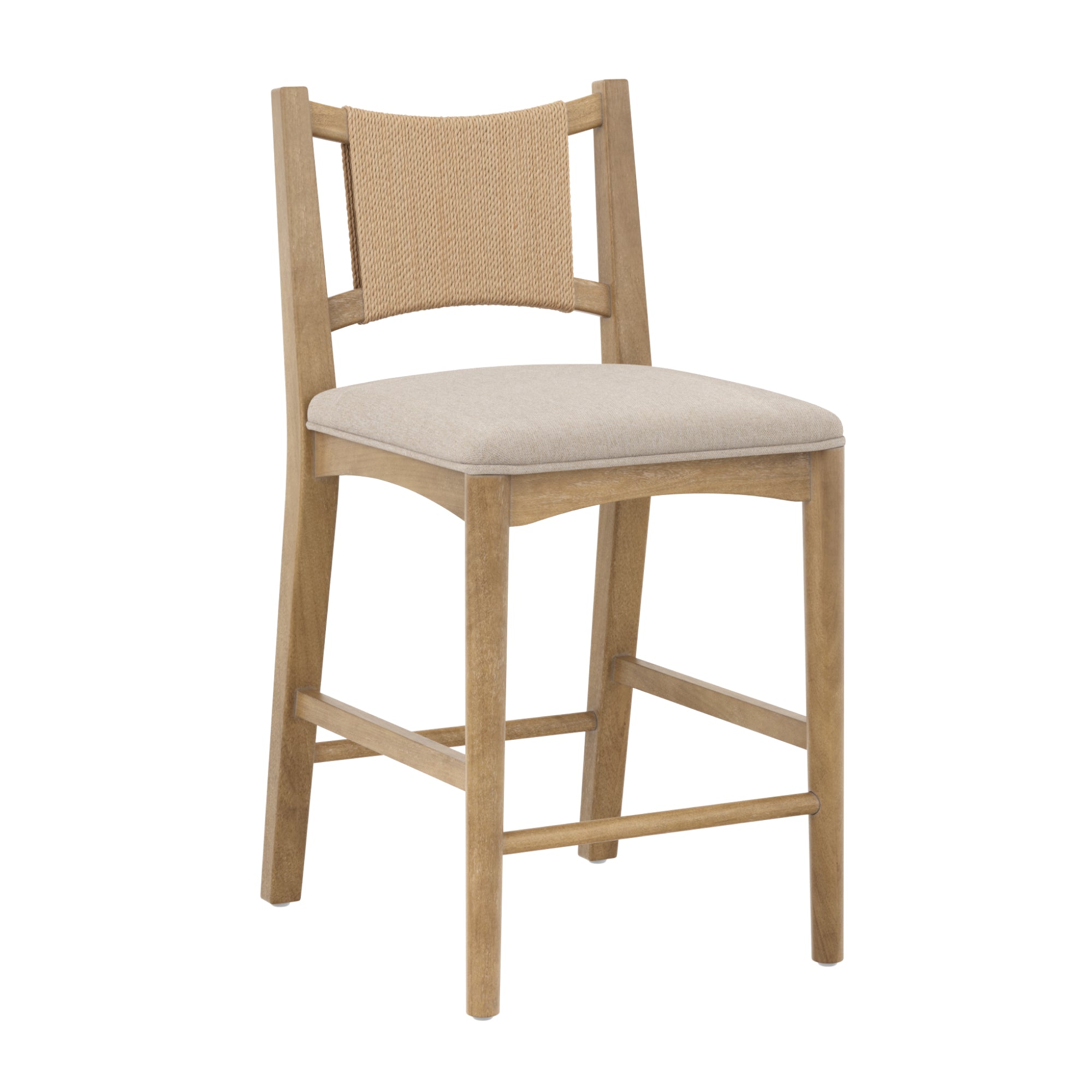 A wooden chair with a light tan upholstered seat, woven jute backrest, and a natural finish. The chair has a simple, modern design with straight legs and support bars connecting the legs.