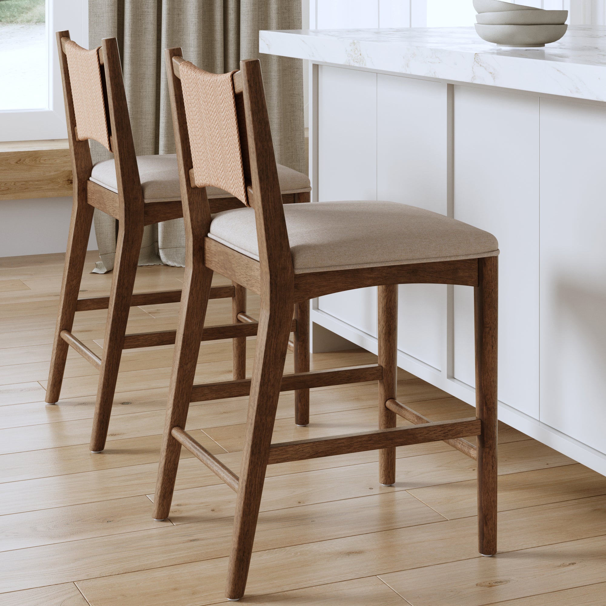 Modern Seagrass Back Arched Wood Counter Stool Medium Brown (Set of 2) - Nathan James