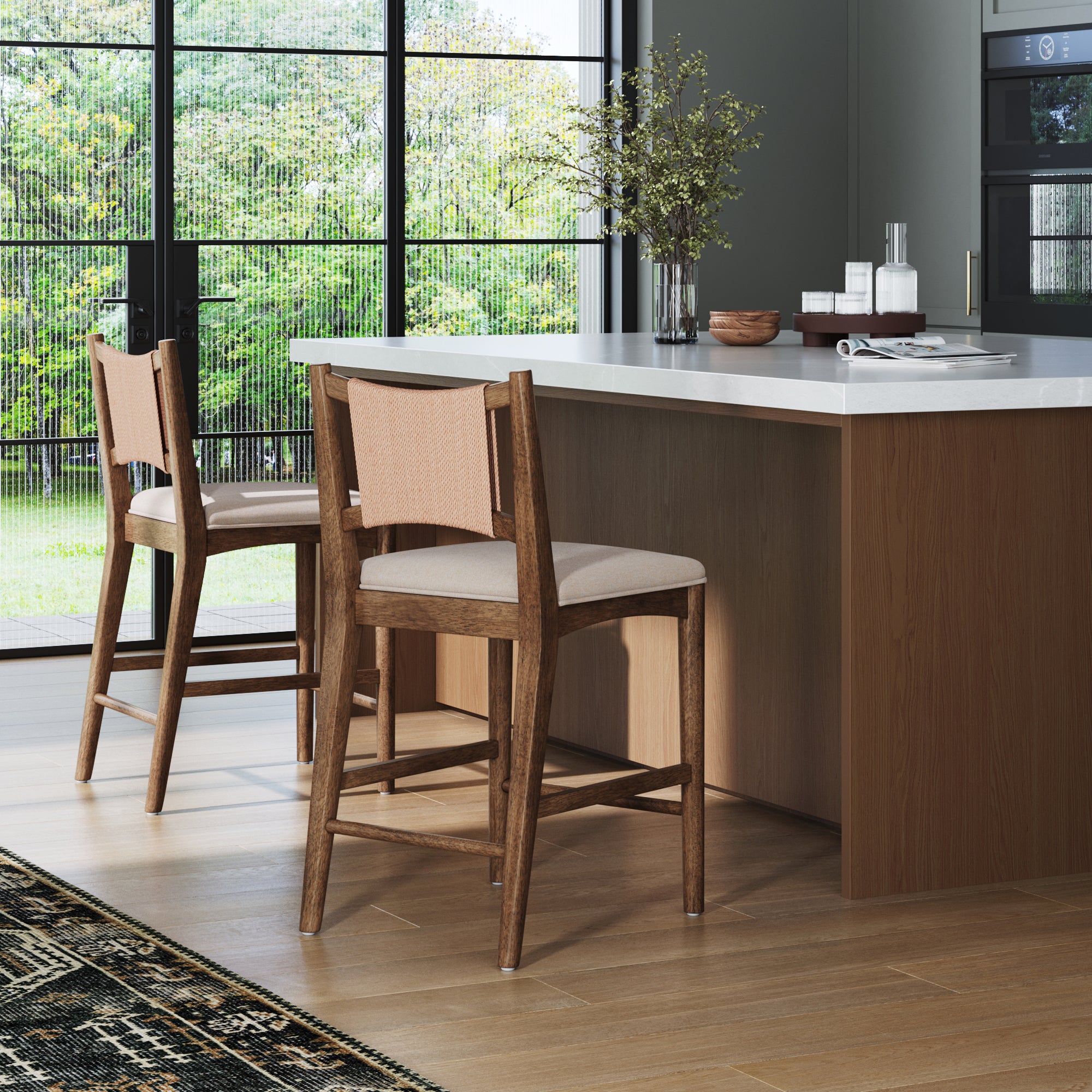 Modern Seagrass Back Arched Wood Counter Stool Medium Brown (Set of 2) - Nathan James