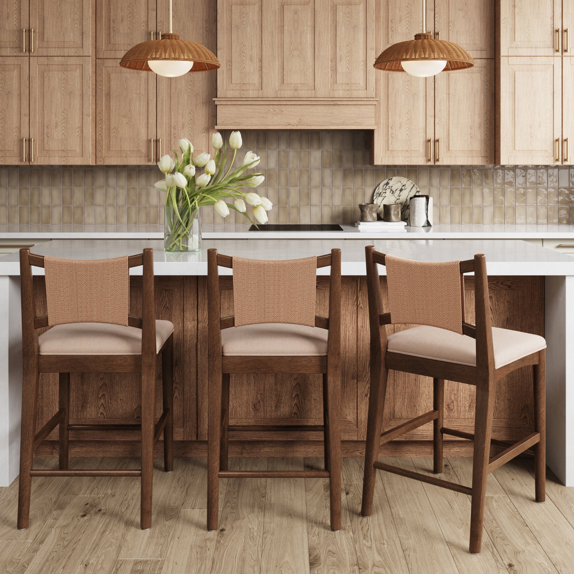 Modern Seagrass Back Arched Wood Counter Stool Medium Brown (Set of 3) - Nathan James