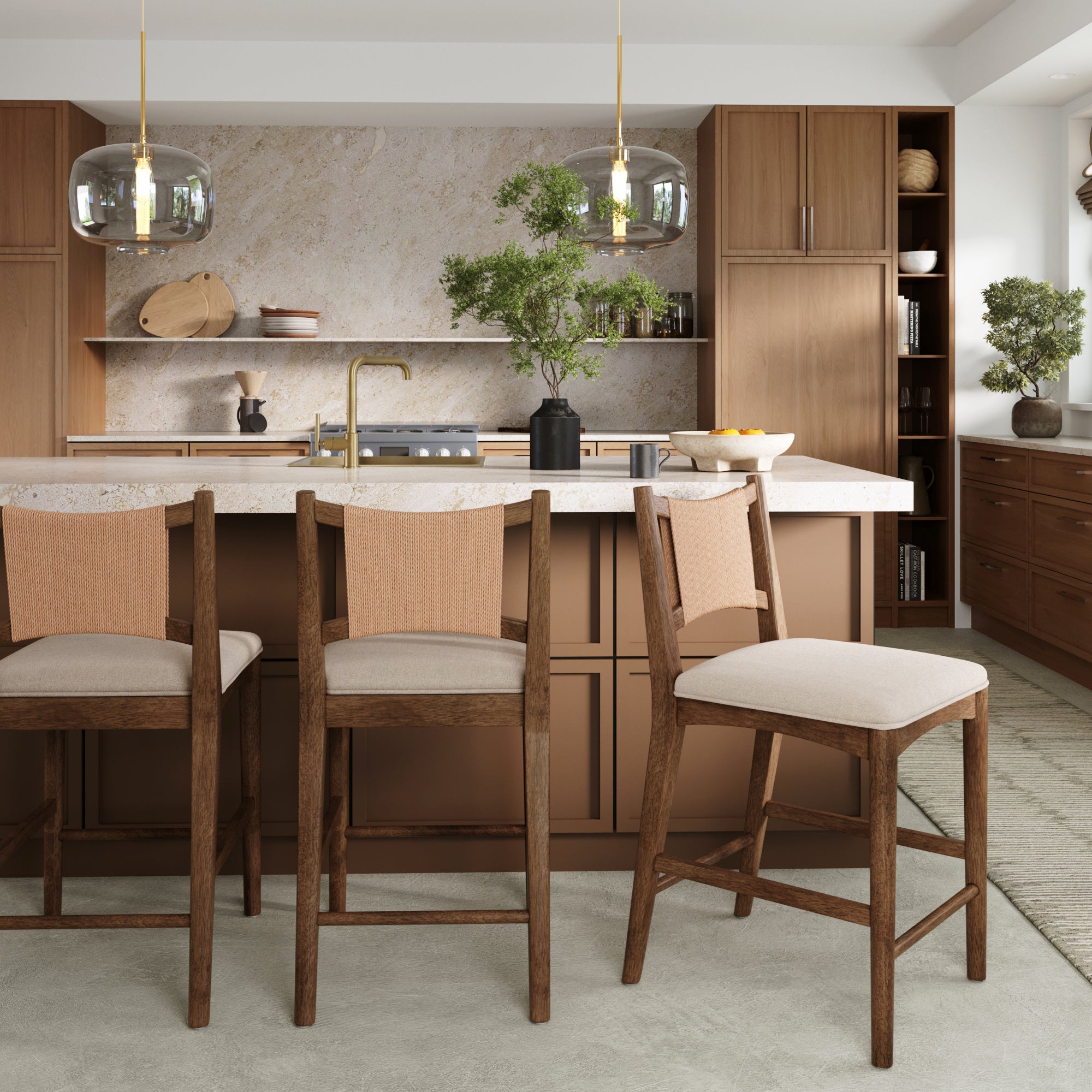 Modern Seagrass Back Arched Wood Counter Stool Medium Brown (Set of 3) - Nathan James