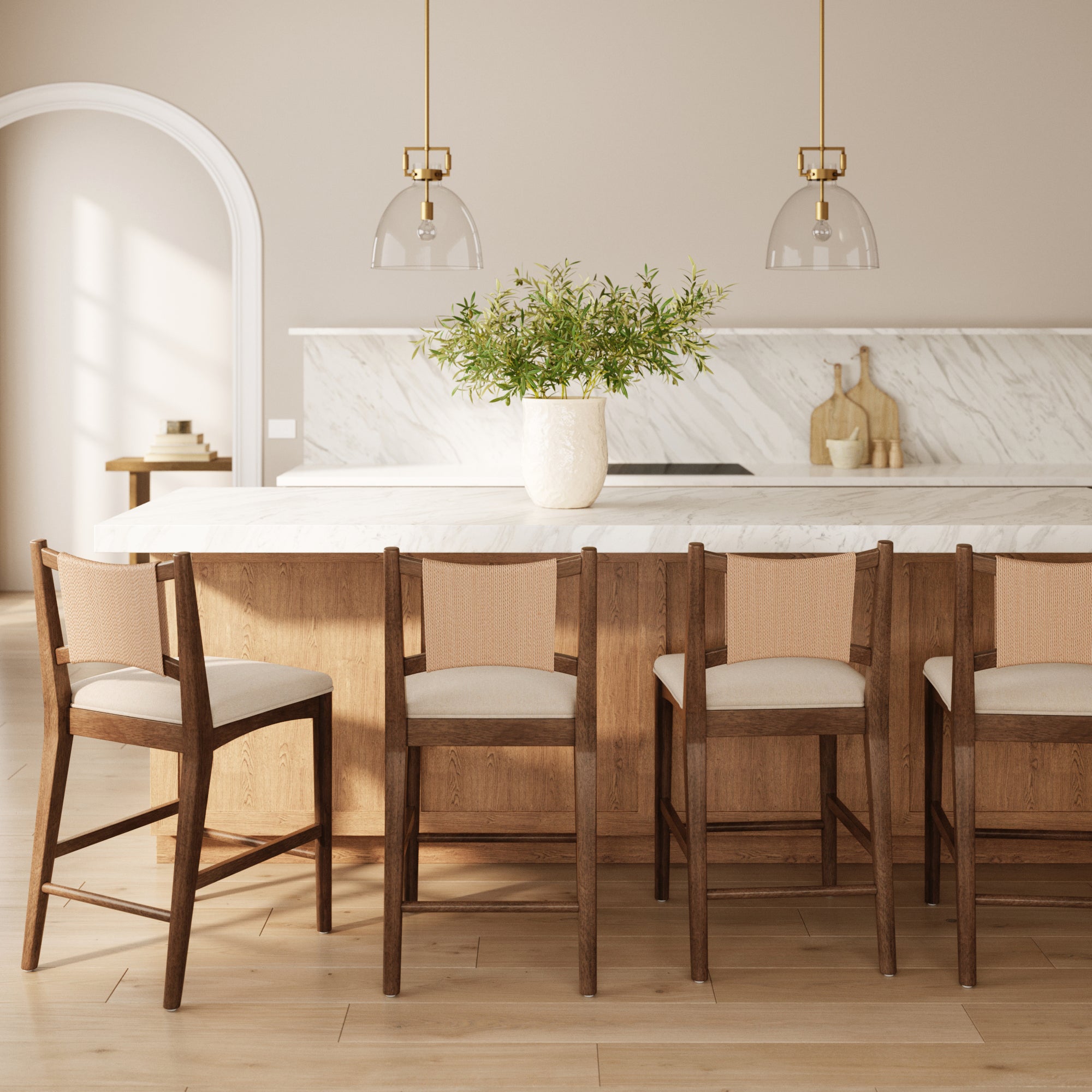 Modern Seagrass Back Arched Wood Counter Stool Medium Brown (Set of 4) - Nathan James