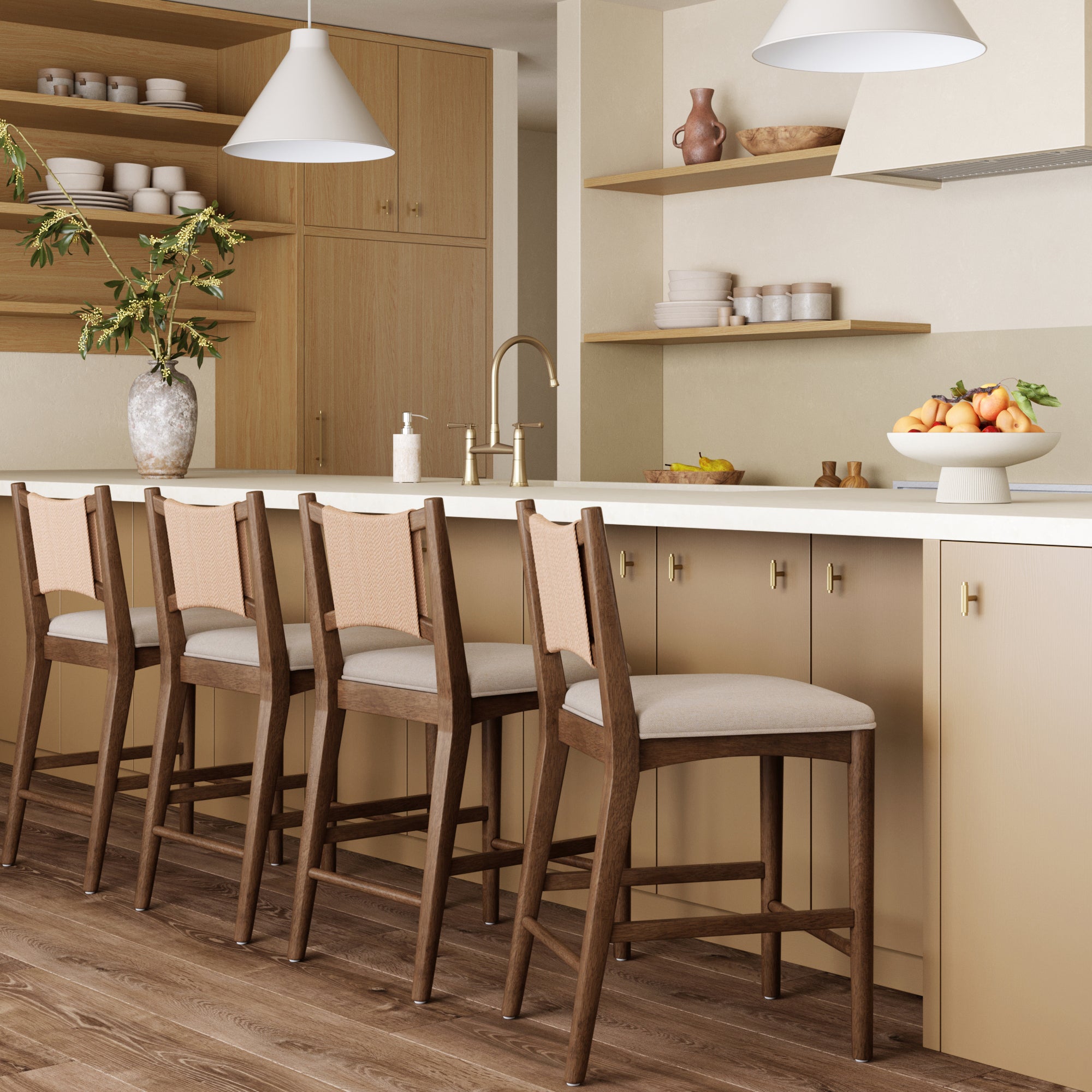 Modern Seagrass Back Arched Wood Counter Stool Medium Brown (Set of 4) - Nathan James