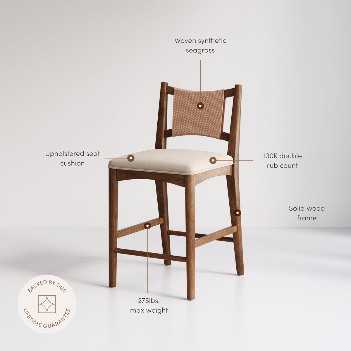 Modern Seagrass Back Arched Wood Counter Stool Medium Brown (Set of 4) - Nathan James