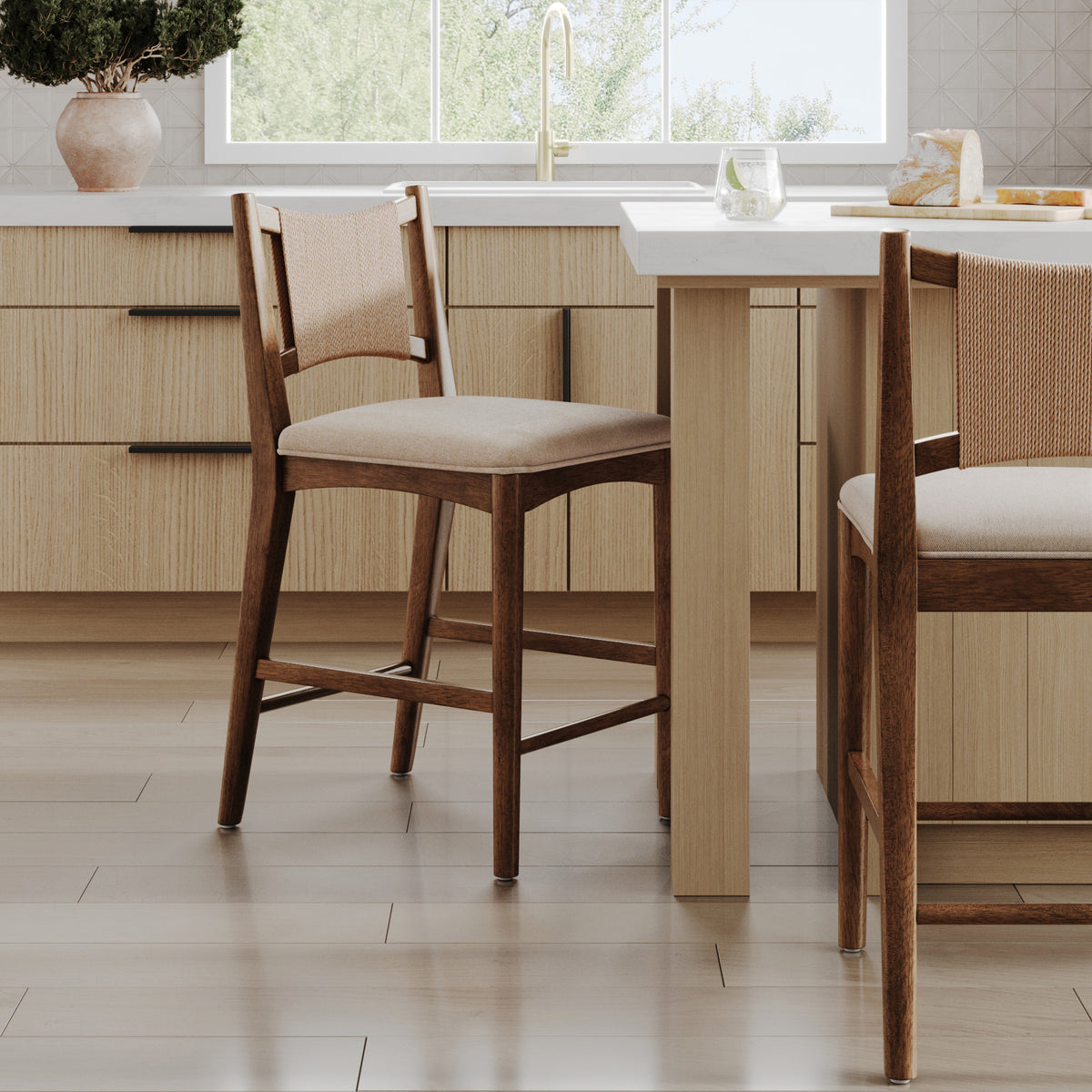 Modern Seagrass Back Arched Wood Counter Stool Medium Brown - Nathan James