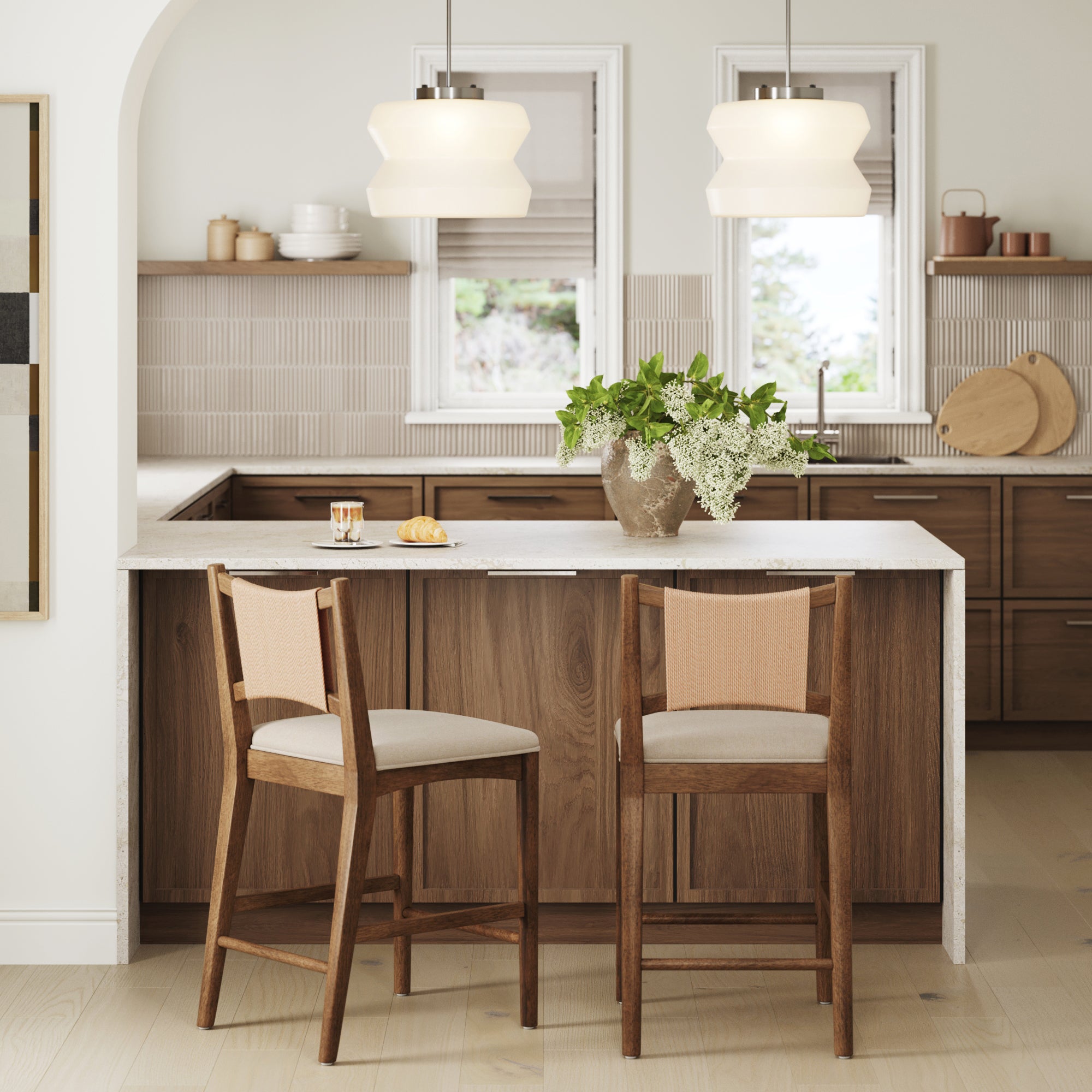 Modern Seagrass Back Arched Wood Counter Stool Medium Brown - Nathan James