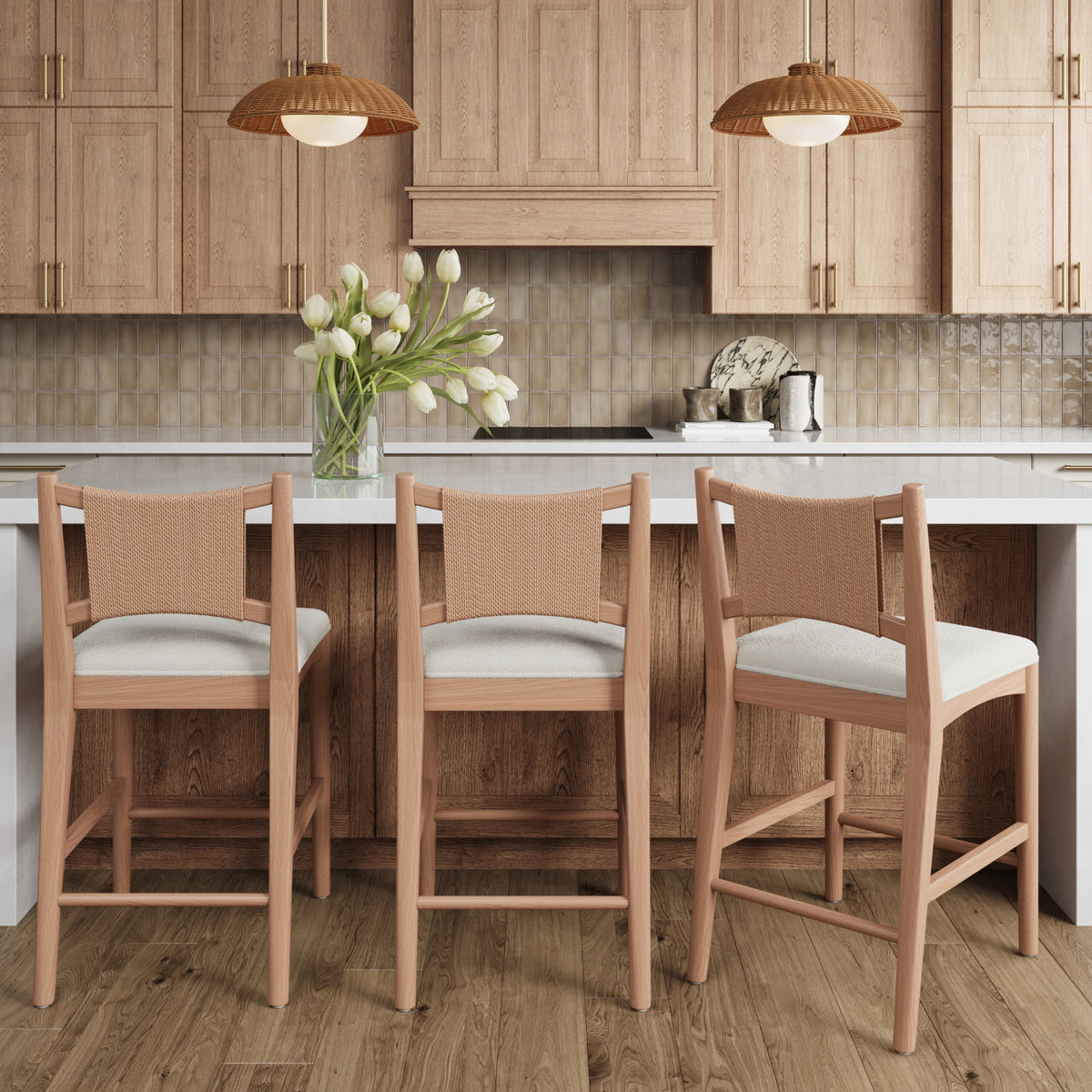 Modern Seagrass Back Arched Wood Counter Stool Raw Oak (Set of 3) - Nathan James