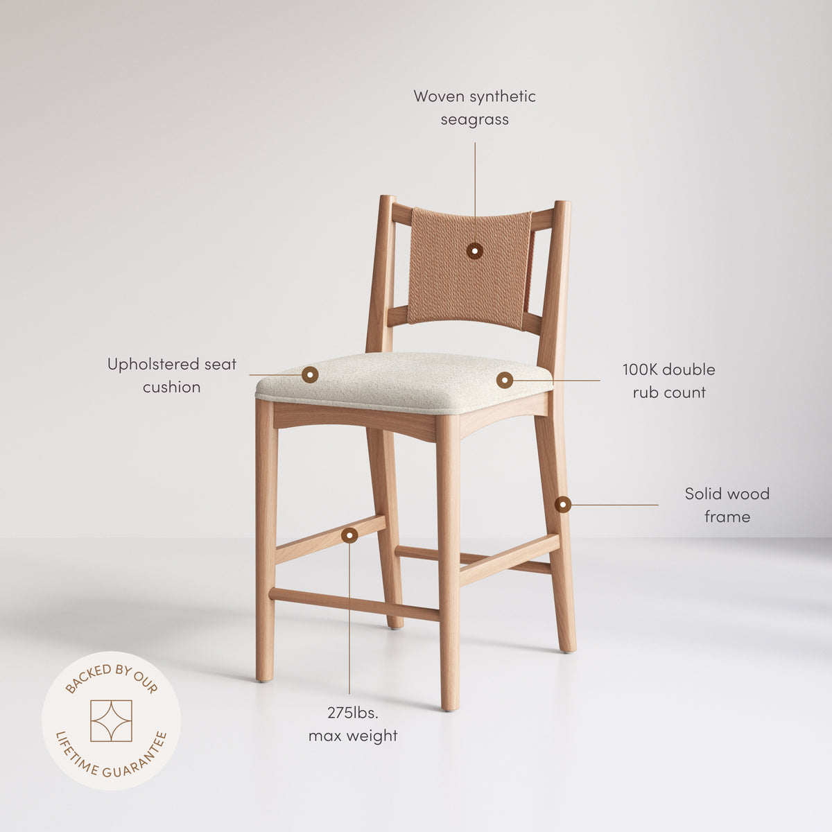 Modern Seagrass Back Arched Wood Counter Stool Raw Oak (Set of 4) - Nathan James