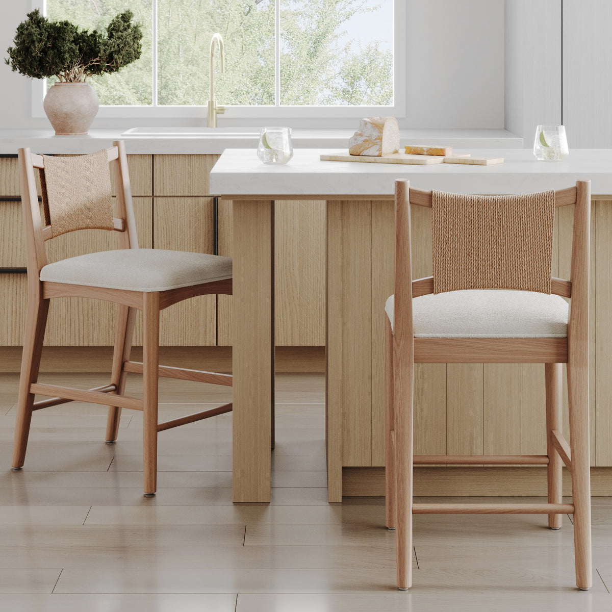 Modern Seagrass Back Arched Wood Counter Stool Raw Oak - Nathan James