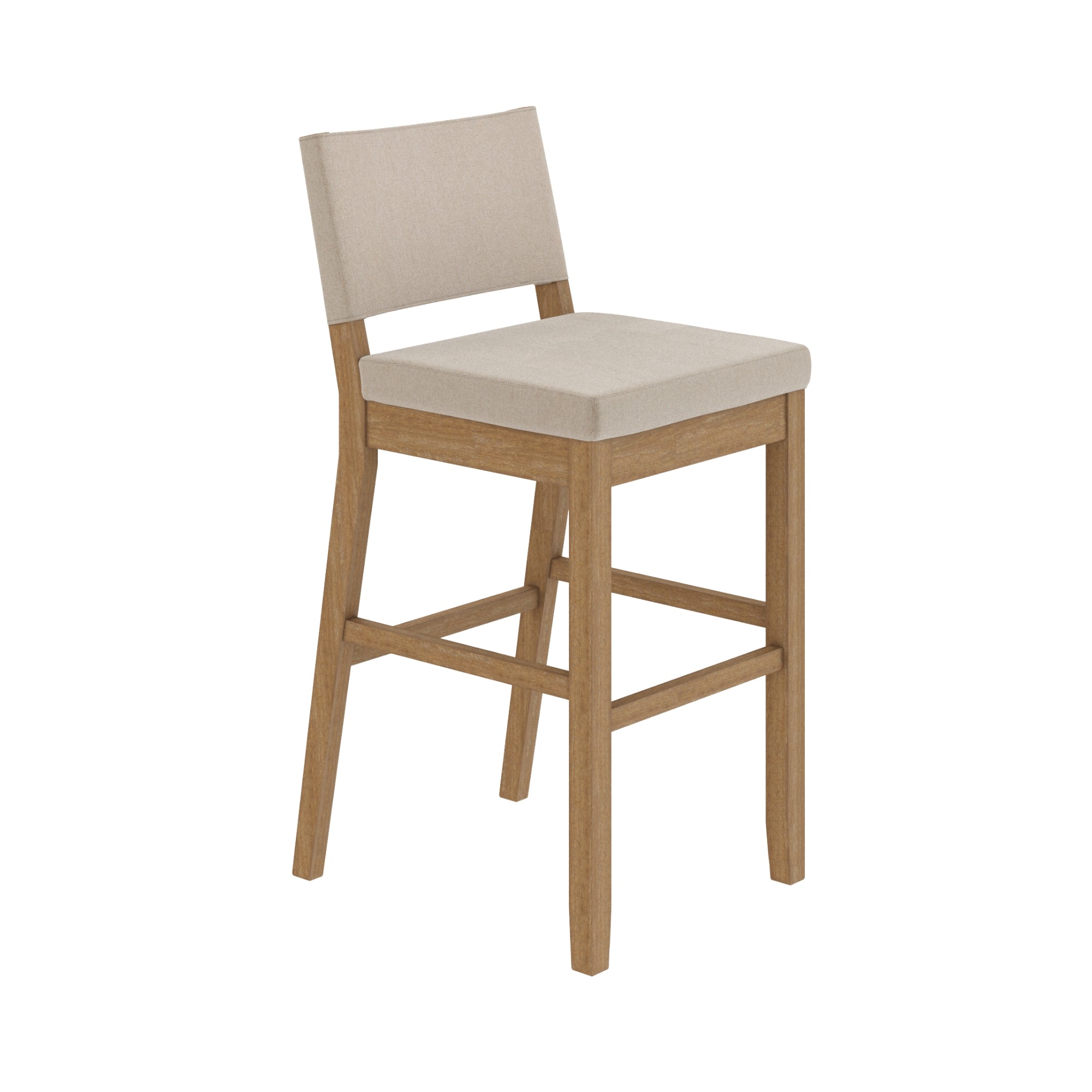 A wooden bar stool with light beige cushioned seat and backrest, featuring a simple, modern design and footrests on all sides, set against a white background.