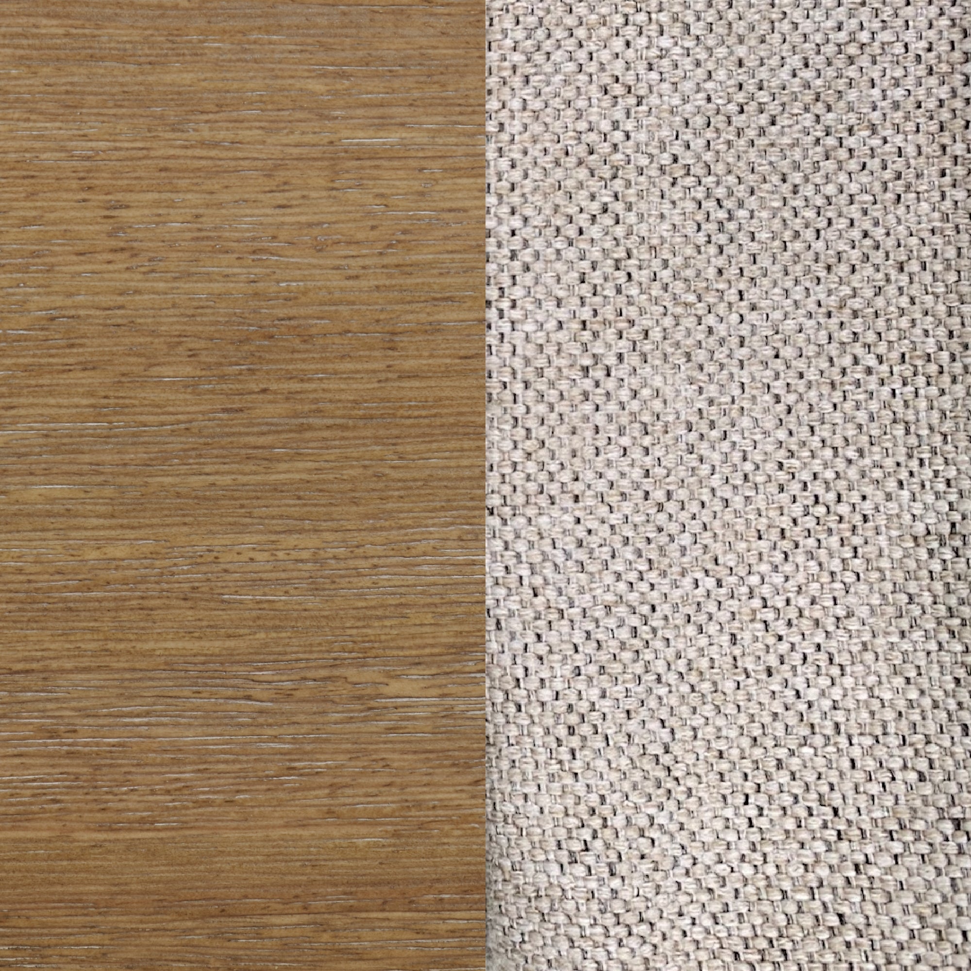 A close-up of two contrasting textures side by side: smooth, brown wood grain on the left and coarse, beige woven fabric on the right.