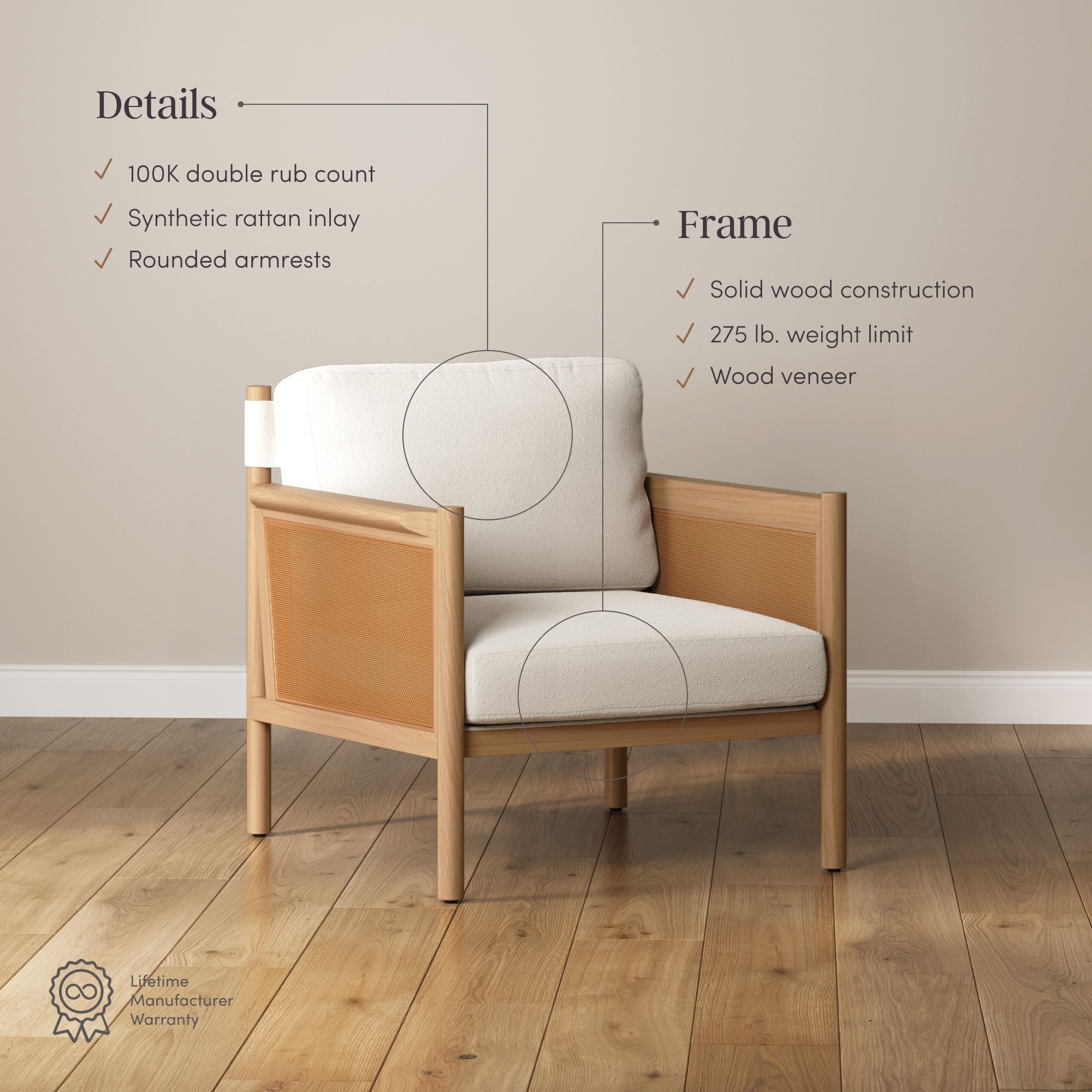 Solid Wood Boucle Accent Chair Rattan Arm Cream/Raw Oak (Set of 2) - Nathan James