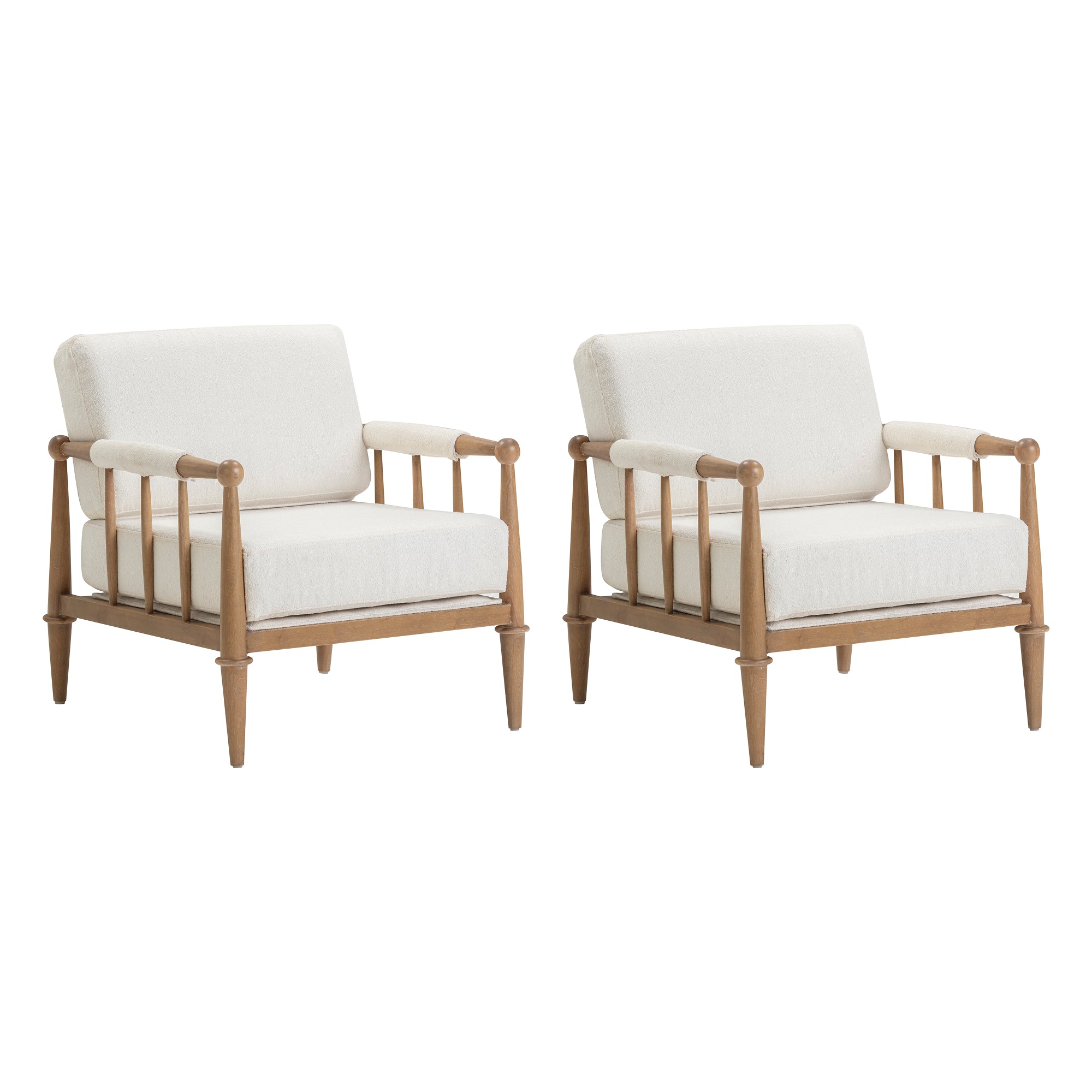 Two matching armchairs with light wood frames and light beige cushioned seats and backs, featuring spindle-style armrests and tapered legs, set against a white background.