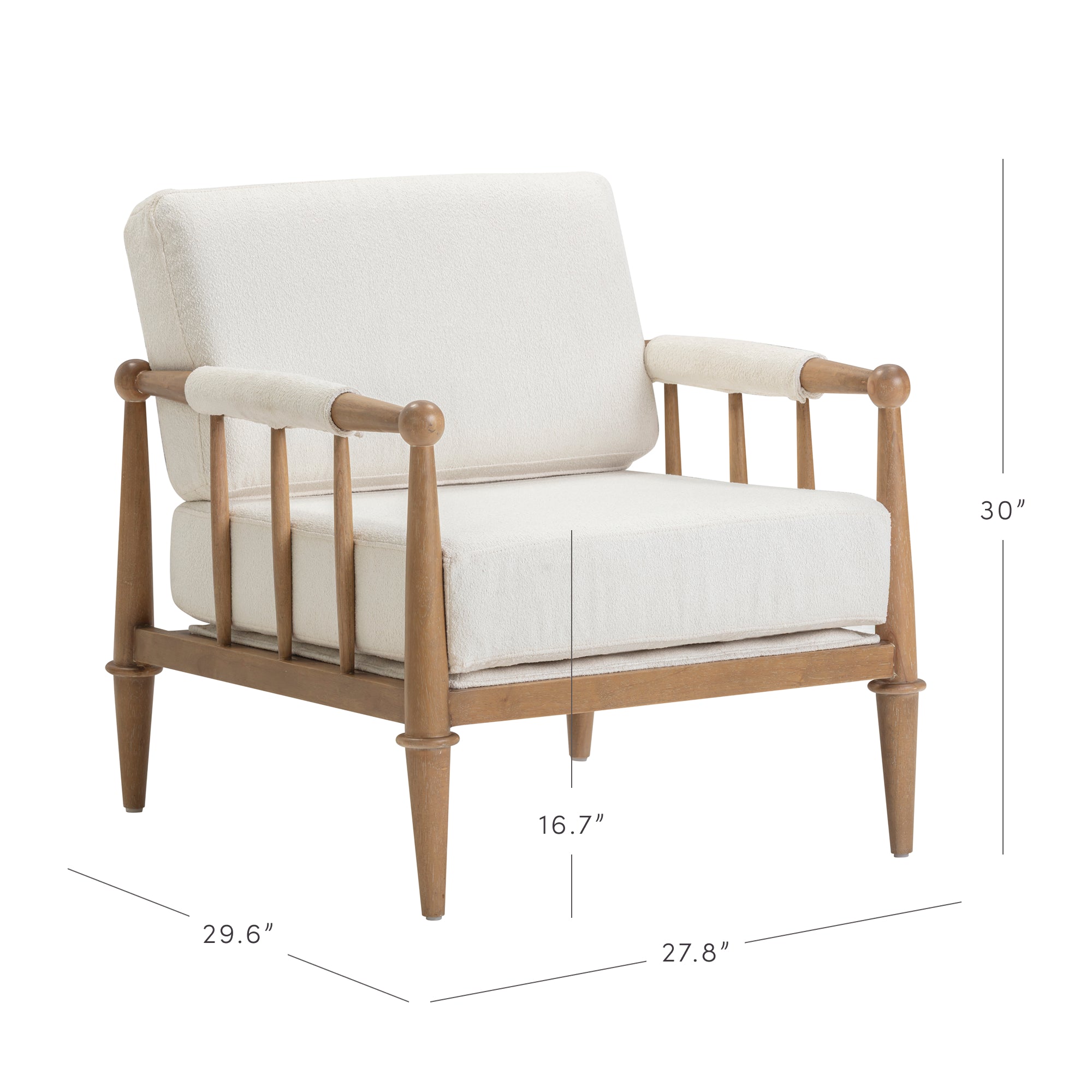 A wooden armchair with cream cushions, spindle armrests, and tapered legs. The chair measures 30 high, 29.6 wide, 27.8 deep, and the seat height is 16.7.