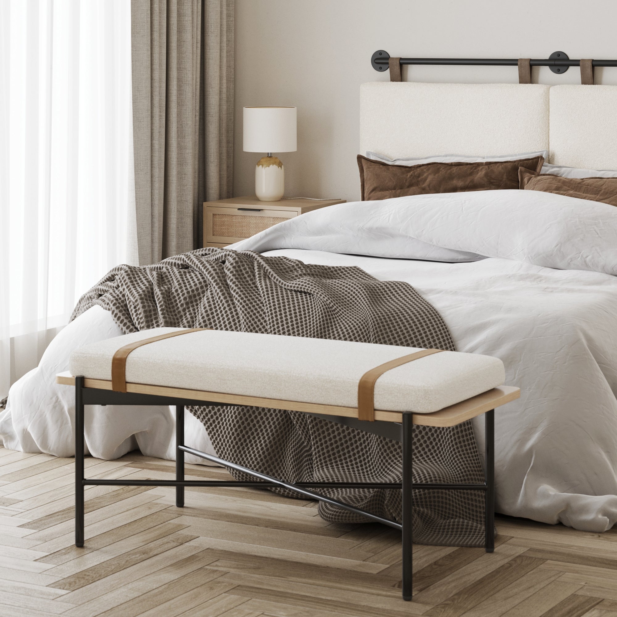 Boucle, Wood & Metal Removable Cushion Bench - Nathan James