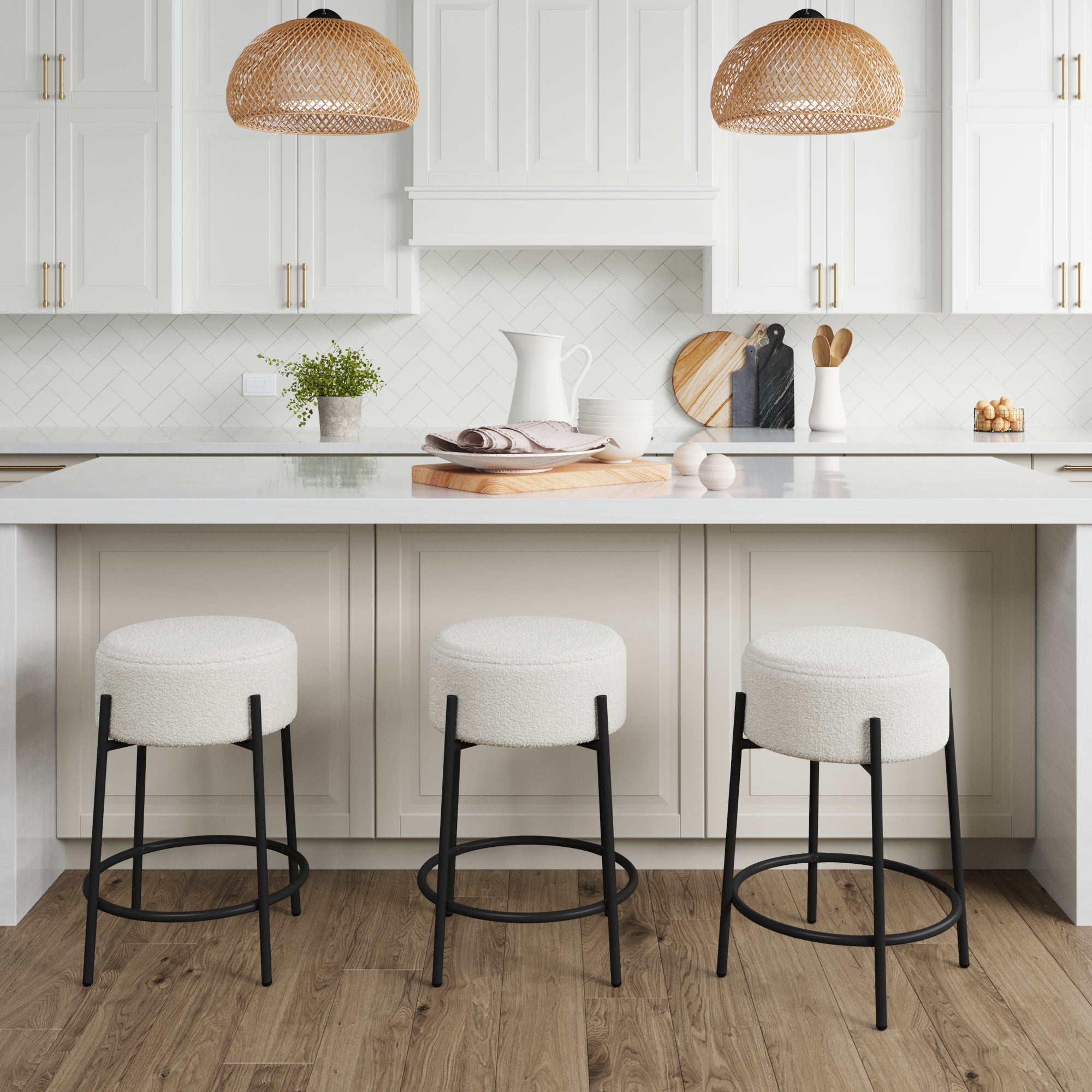 Round Boucle Backless Counter Height Bar Stools (Set of 3) - Nathan James